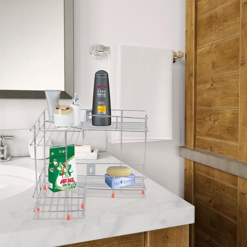 AB99 COLLECTION L Shape Bathroom Corner Stand Stainless Steel Polished Chrome, Multipurpose Storage Rack, Shelf Rack, Dish Rack for Bathroom Steel Rack, Bracket Shelf, 2 Tier Stand