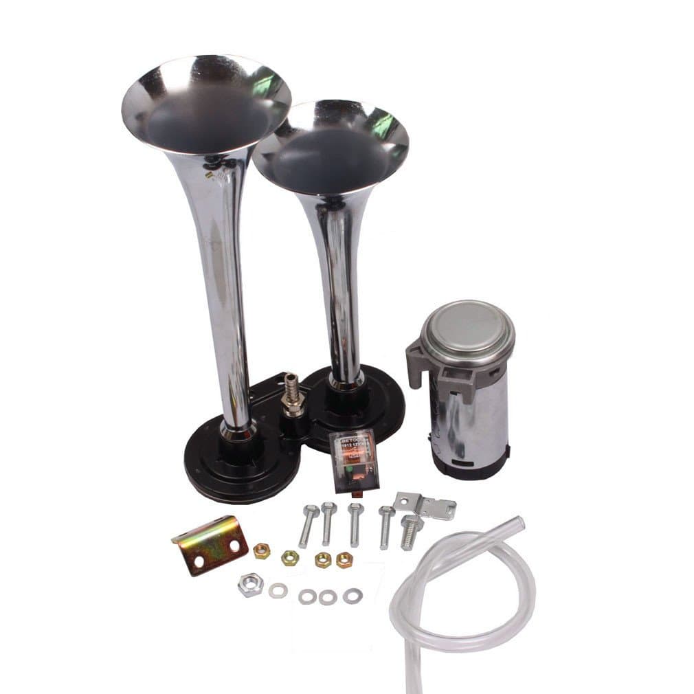 BETOOLL HW3036 Chrome 12V Dual Trumpet Air Horn Compressor Kit Train Car Truck Boat Super Loud