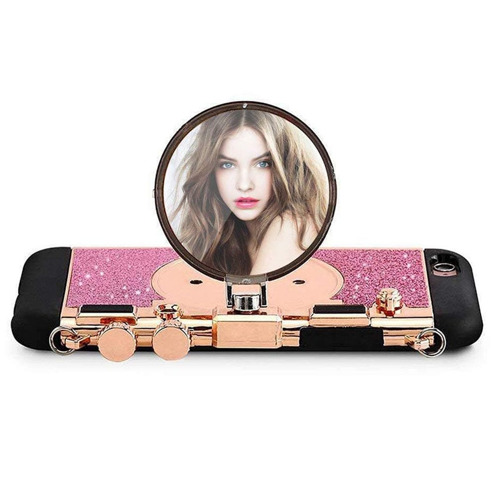 Guojia Camera case Compatible iPhone 6 plus/6s Plus, Cute Design Silicone Cover with Selfie Fill-in Light,Mirror,Long Strap Rope,TPU+PC Rotatable Holder Stand Case,Gift for Girls Womens Pink