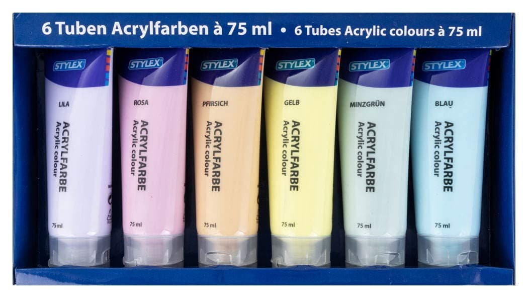 Stylex 28629 Pastel Acrylic Paints Set with 6x 75 ml Tubes, Water-Based, Matt, High Coverage and Colour Strength, Fade-Resistant, Quick-Drying and Waterproof