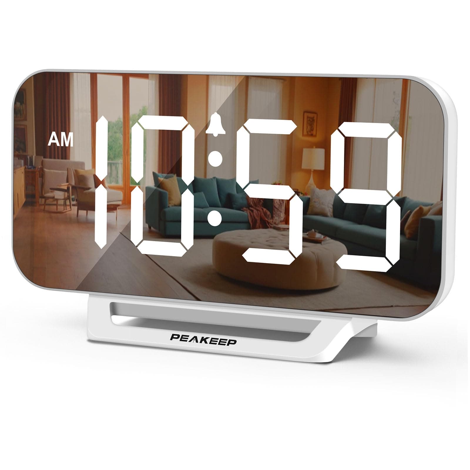 Peakeep Slim Digital Mirror Aesthetic Alarm Clock for Bedroom Desk Decoration, Plug-in Electric Big LED Modern Mall Clock for Office Living Room, Battery Backup, 6 Dimmers (White)