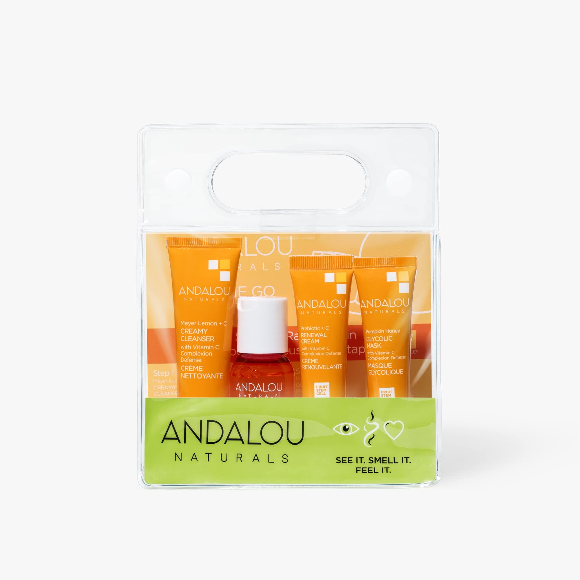 Andalou Naturals, On The Go Essentials - The BRIGHTENING Routine, Travel Friendly, TSA- Approved, Reusable Bag (4 Pcs)