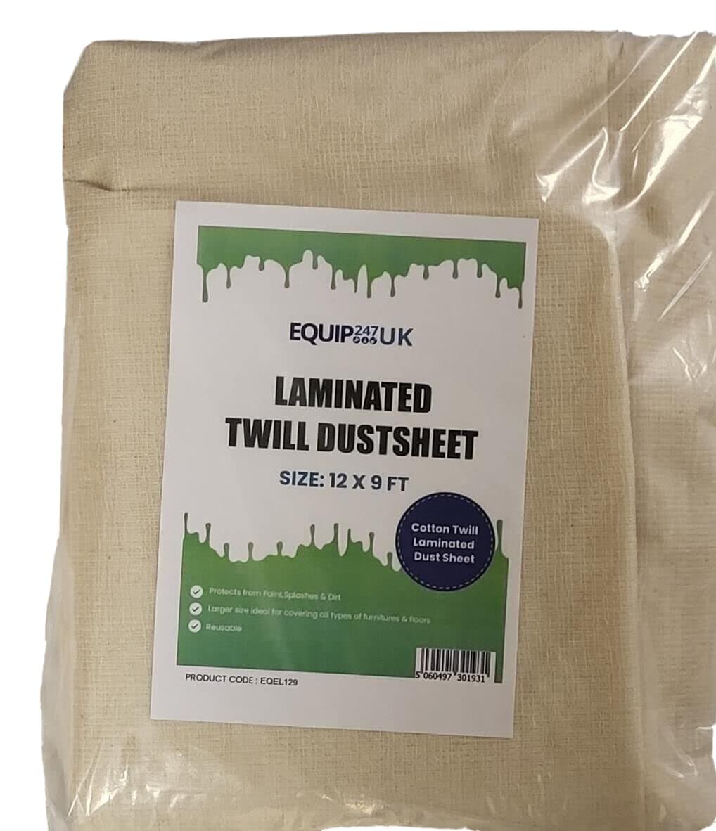 EQUIP247UK Plastic Backed, Polythene Poly Backed, Laminated Cotton Dust Sheets for Painting & Decorating | Cover Sheets for Furniture | (Economy Poly Backed, 12ft x 9ft - 3.50m x 2.60m) (1xEL129) (2)