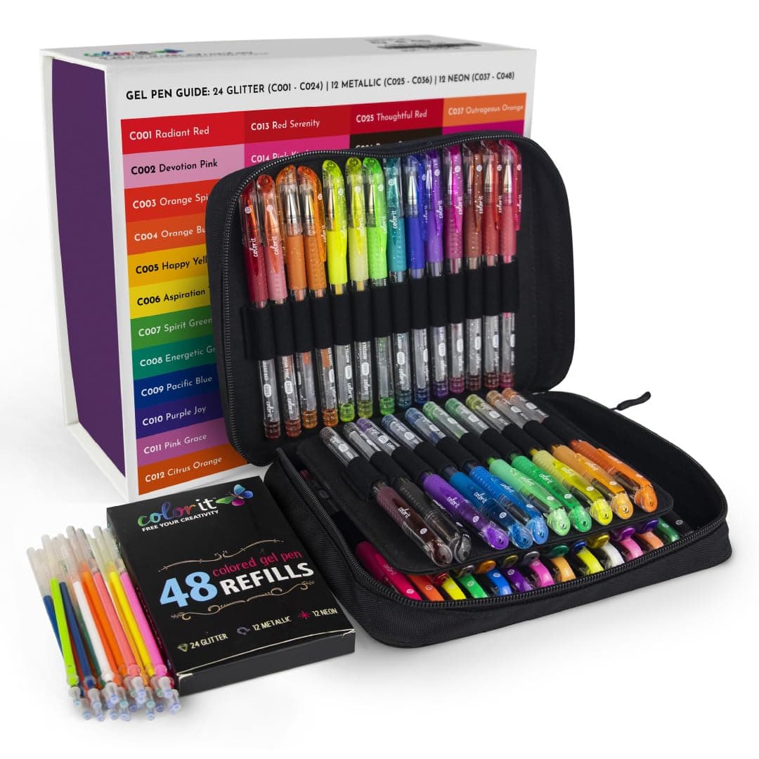 ColorIt Gel Pens for Adult Coloring Books - Premium Ink Gel Pens Set with Case Includes 48 Artist Quality Coloring Pens: 24 Glitter, 12 Metallic, 12 Neon Plus 48 Matching Refills for 96 Total Pieces