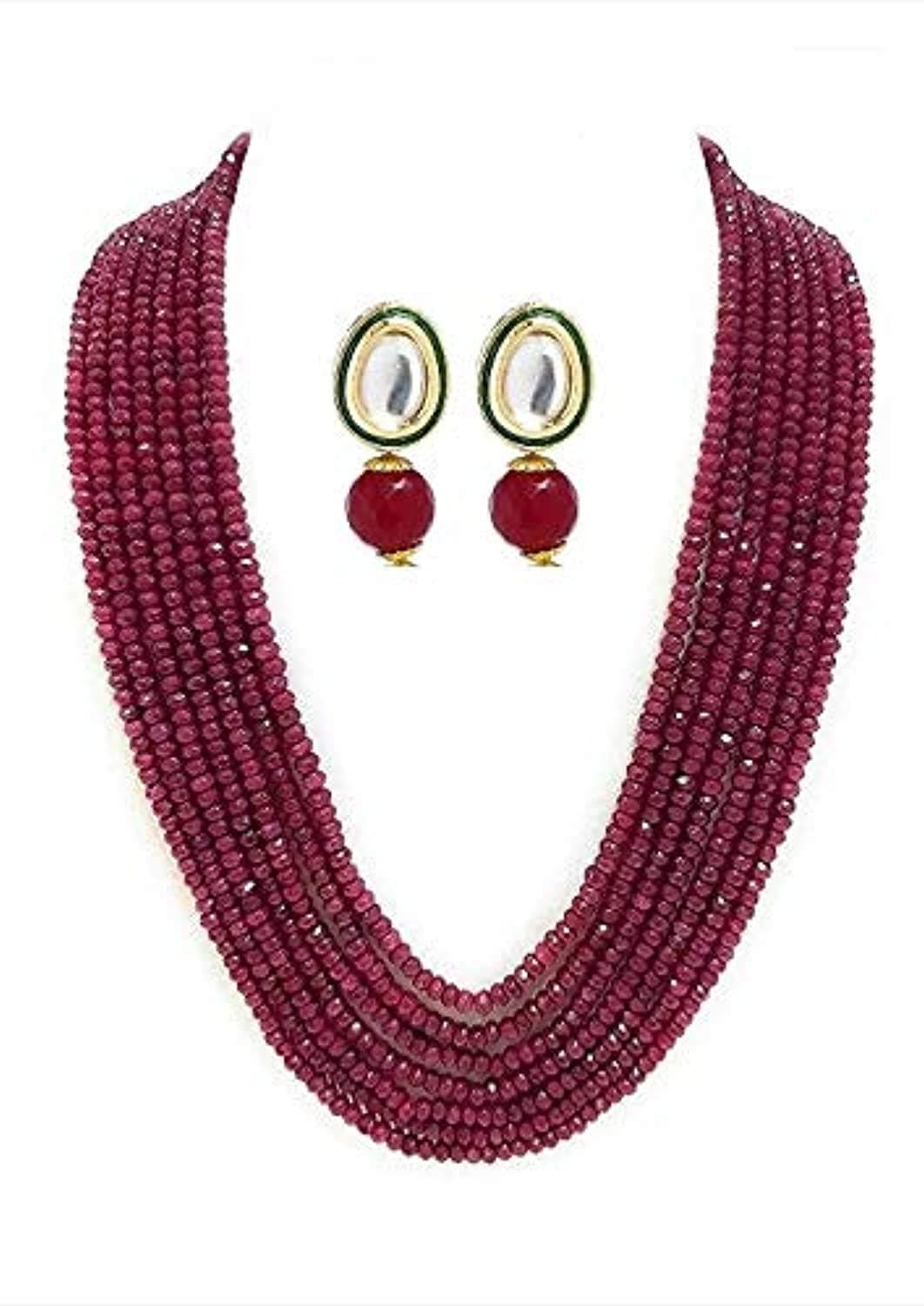 Ratanshala - Semi Precious Gemstone Ruby Red Necklace with Earring 7 Layer for Girls & Women Red Mala Fashion Jewellery