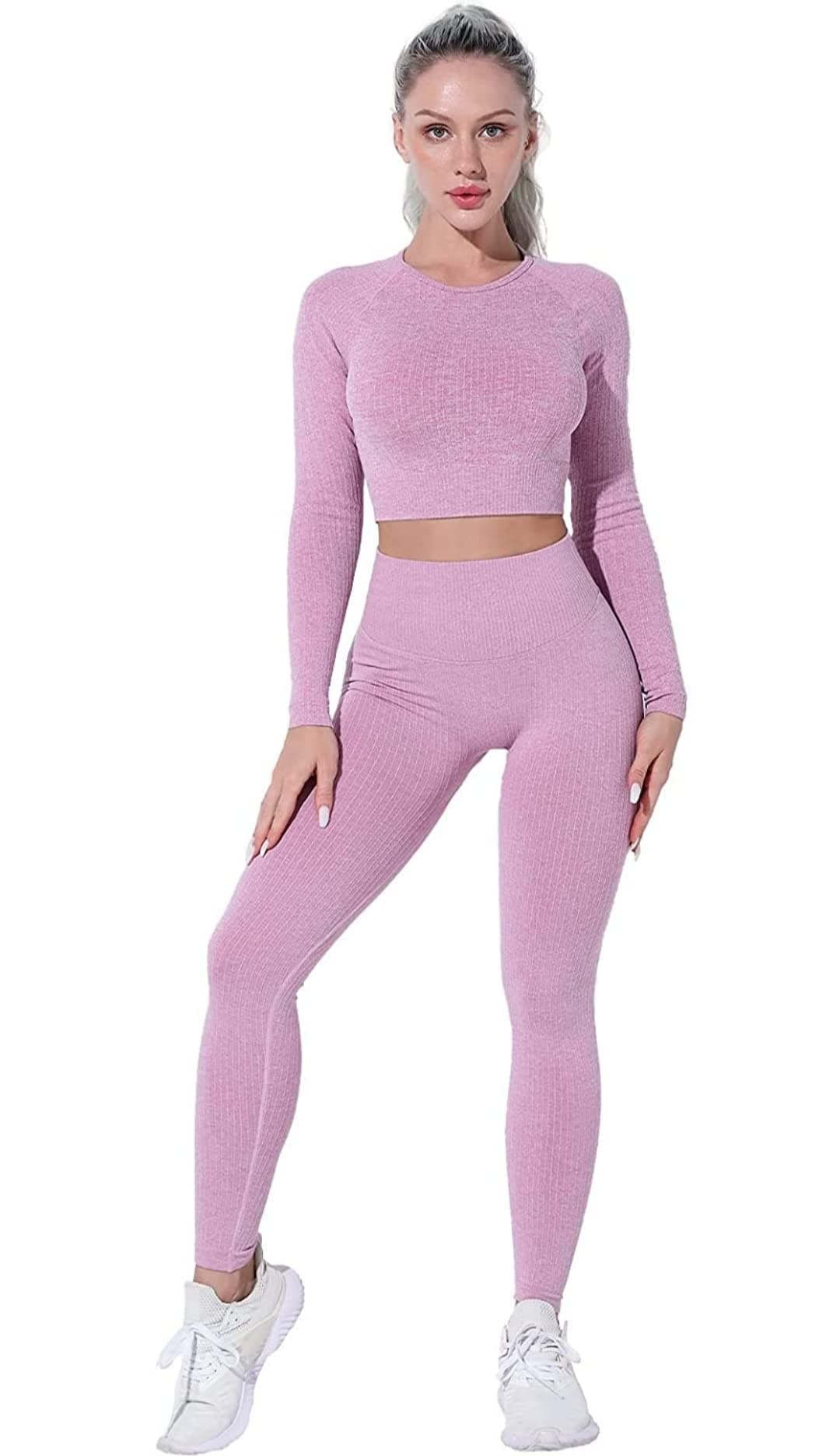 Sweet CathyRibbed Seamless Leggings and Crop Top Long Sleeves 2 Pieces Set High Waist Yoga Pants Workout Activewear Sportswear Tracksuit for Women