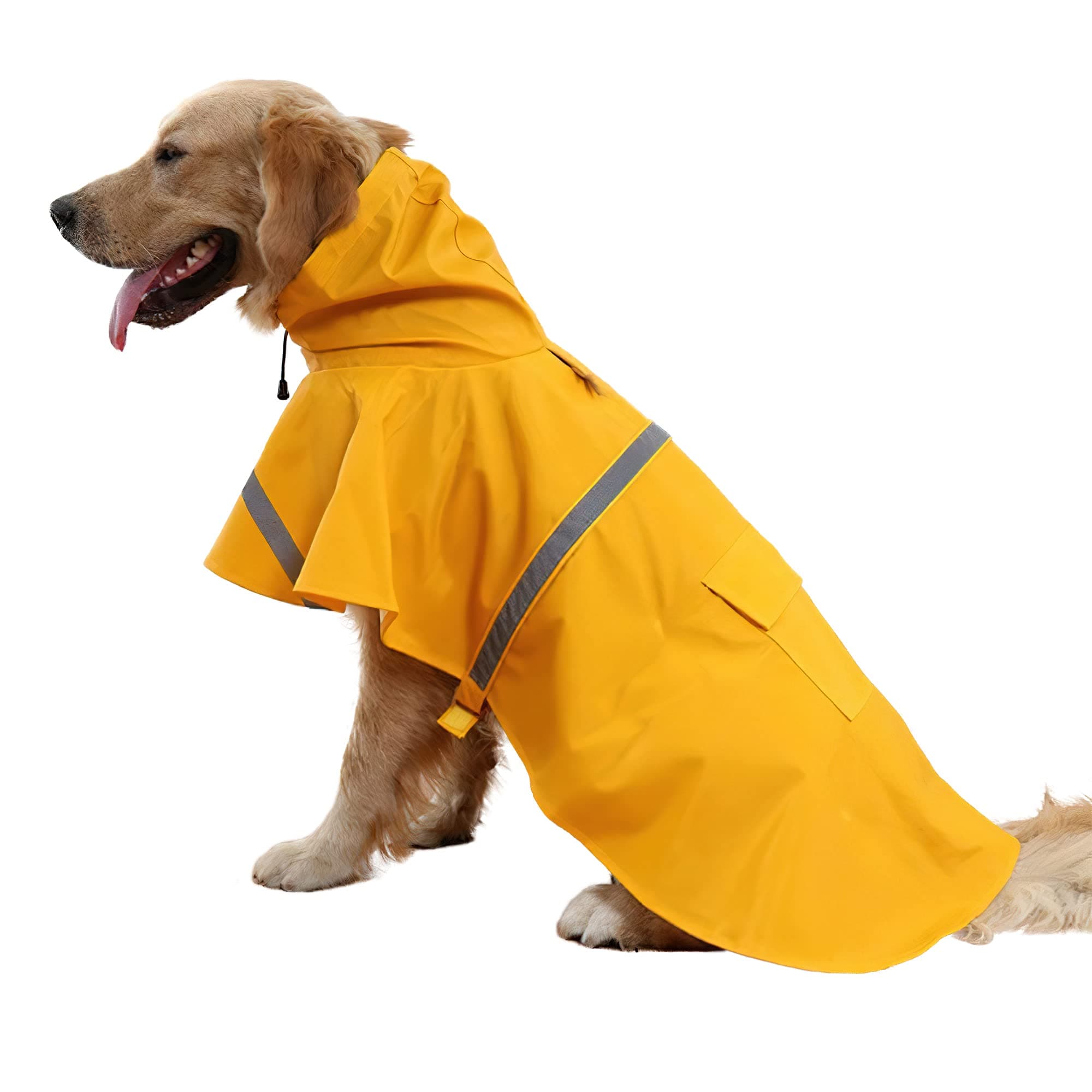 Large Dog Raincoat Adjustable Pet Water Proof Clothes Lightweight Rain Jacket Poncho Hoodies with Strip Reflective (XL, Yellow)
