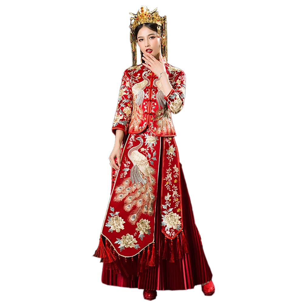 Chinese Wedding Toast Clothing Xiuhe Clothes Chinese Wedding Dress, Long Section Peacock Jacket Bride Cheongsam