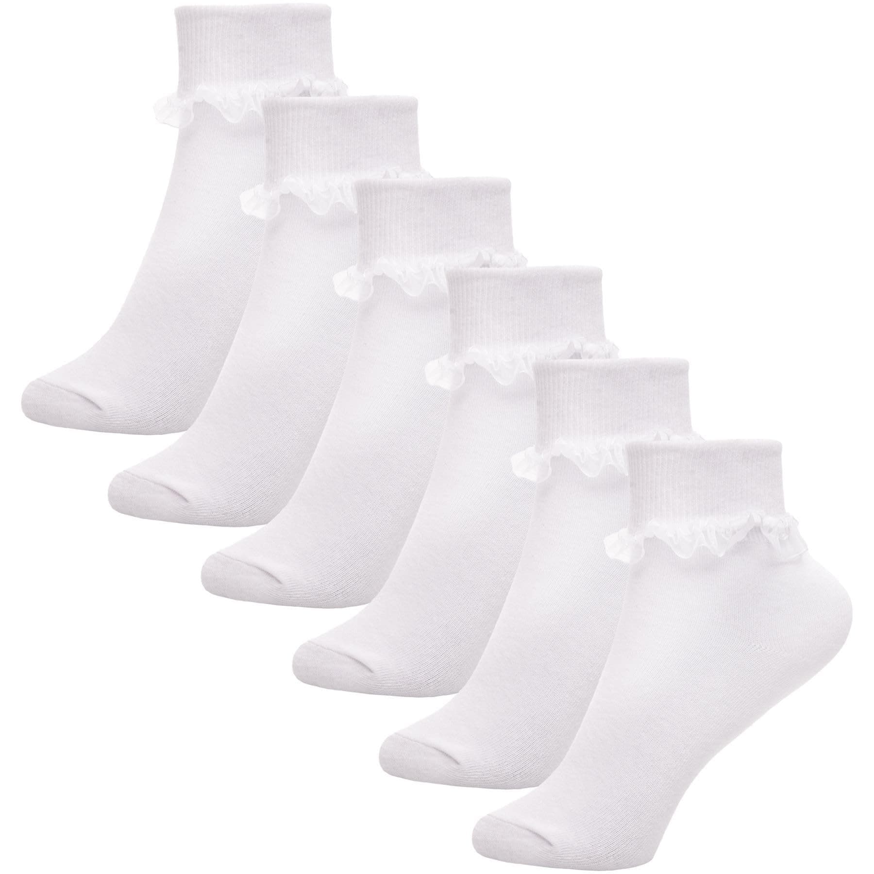 Girls Frilly Lace Ankle Socks Pack of 6 White Cotton Socks with Delicate Lace Trim Perfect for Dressing up School Parties and Everyday Wear Durable and Soft Material