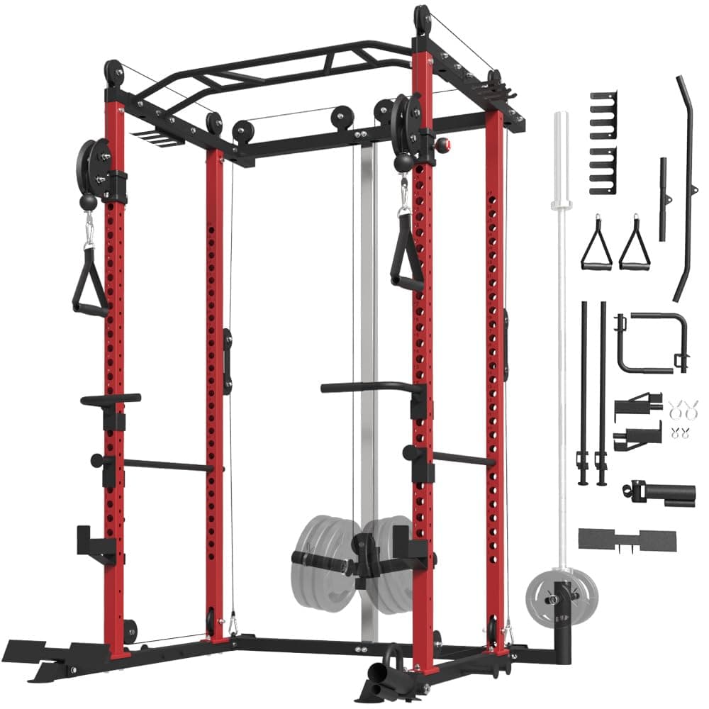 FAGUS Power Cage, Multi-Function Power Rack with LAT Pulldown, Seated Row, Cable Pulley System, J-Hooks, Dip Handles, Landmine, Squat Rack with Optional Cable Corssover, Smithe Attachment for Home Gym