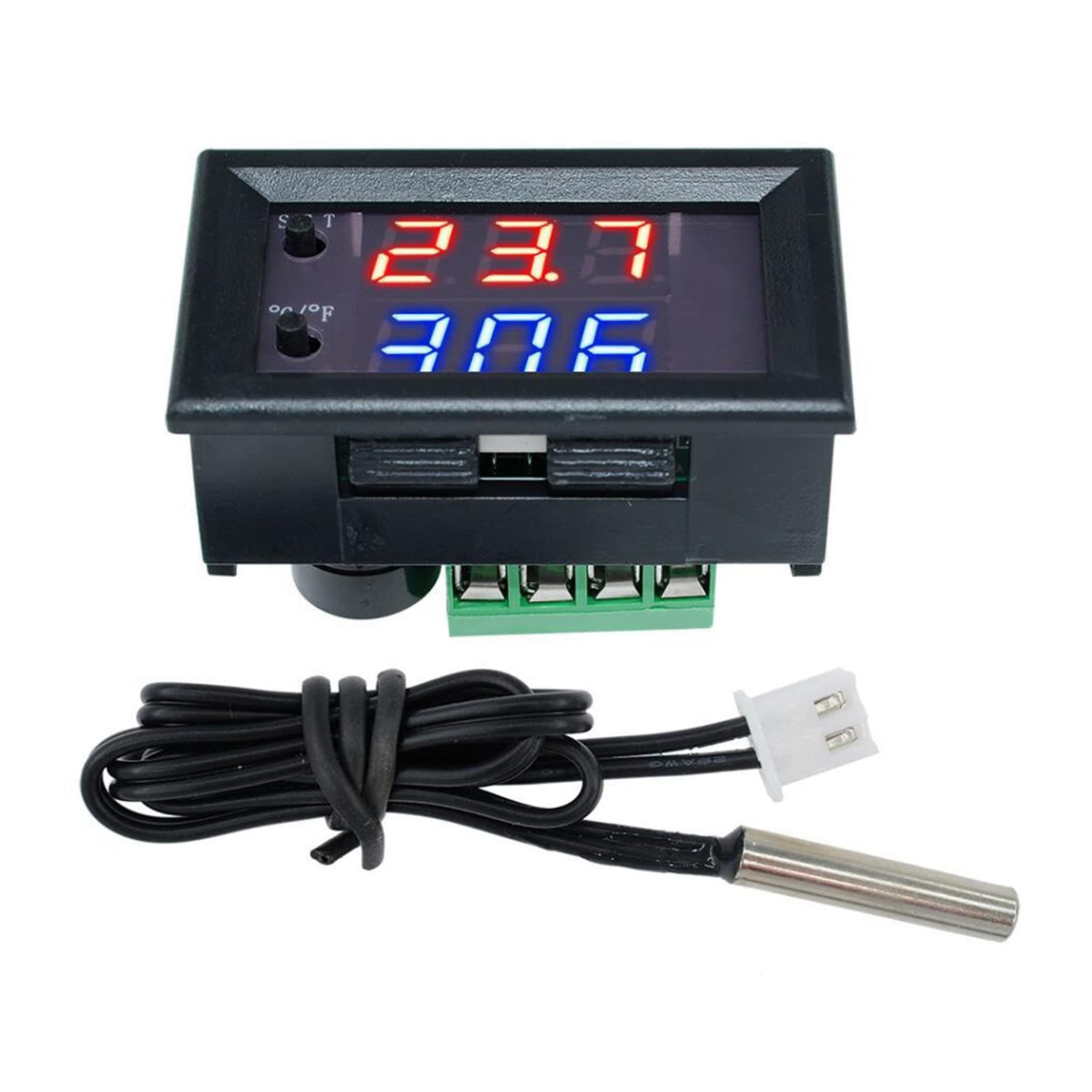 1Pc 12V Electronic Temperature Controller Programmable -50 to 110 Degree Celsius Heating/Cooling Thermostat Control Switch Module NTC Waterproof Sensor Probe Dual Color LED Display Monitor Temperature