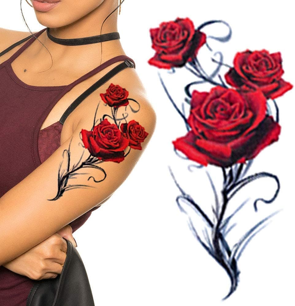 TatodaysGothic red roses flower temporary tattoo for women. looks realistic for halloween dress rock star biker vampire fancy dress.For all all ages kids and adults sheet size is 21cm x 15cm.