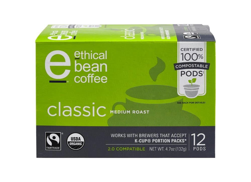 Ethical Bean Fair Trade Organic Coffee Pods, Classic Medium Roast, 100% Compostable Coffee Pods - 12ct Box (4.7oz)