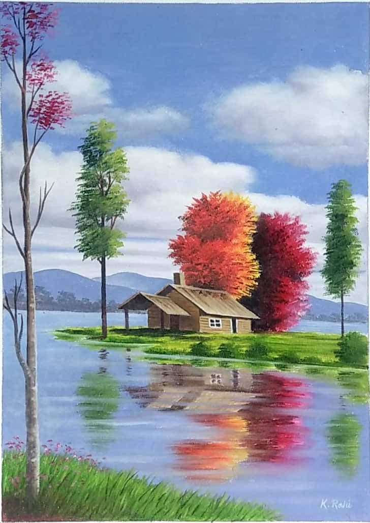 Original Handmade Landscape Oil Painting on Canvas Artist Kalim Rahi, 14x18inch. (Students Oil Colour, Canves)