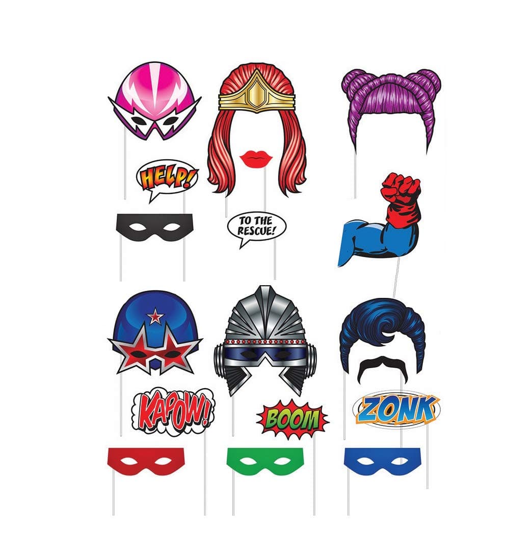 Express Novelties Online Superhero Themed Party Photo Booth Props Decor- 18 Pc Kit