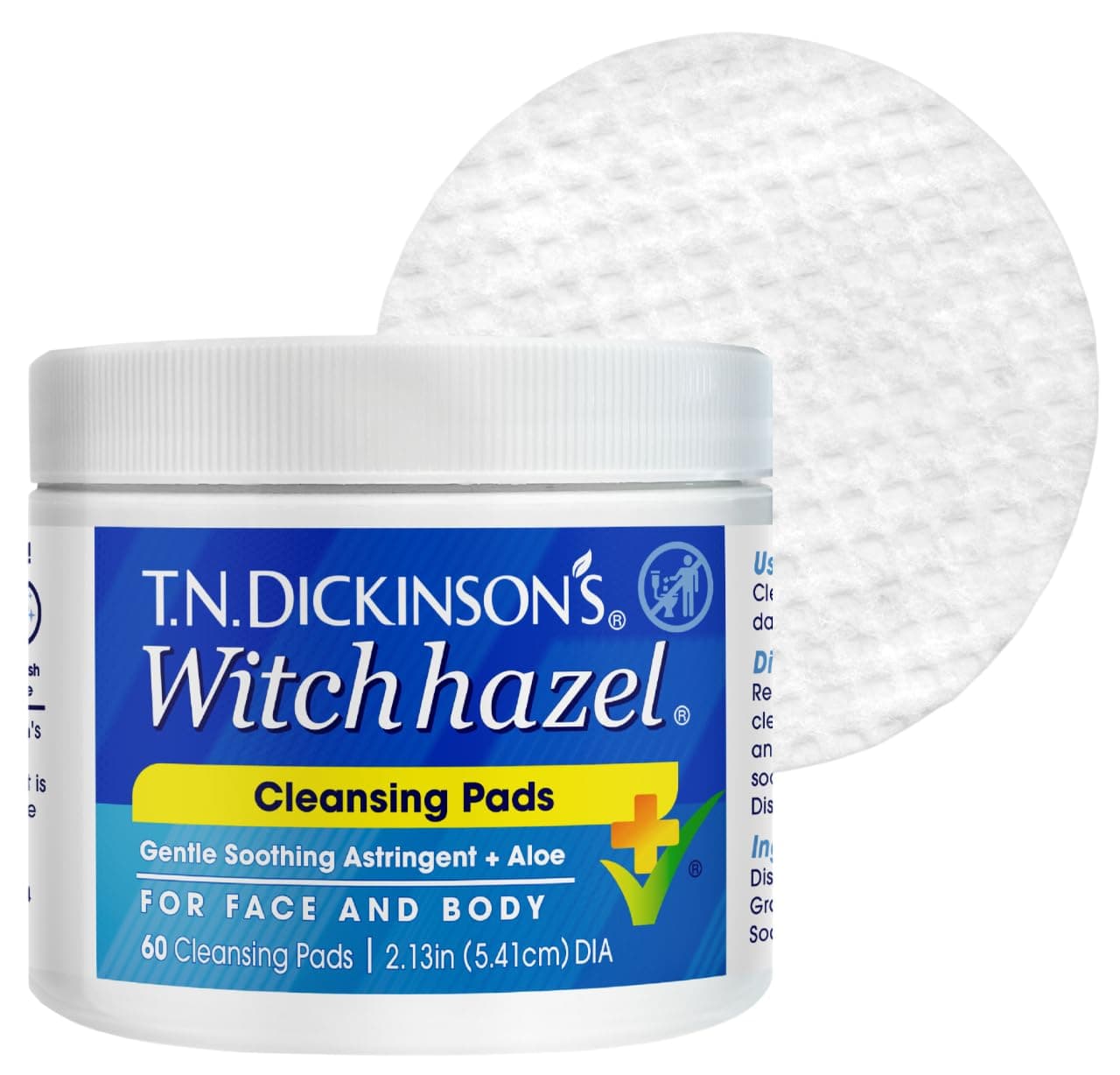 Dickinson Brands, T.N. Dickinson's Witch Hazel Cleansing Pads, 60 Pads, 2.13 in (5.41 cm) dia