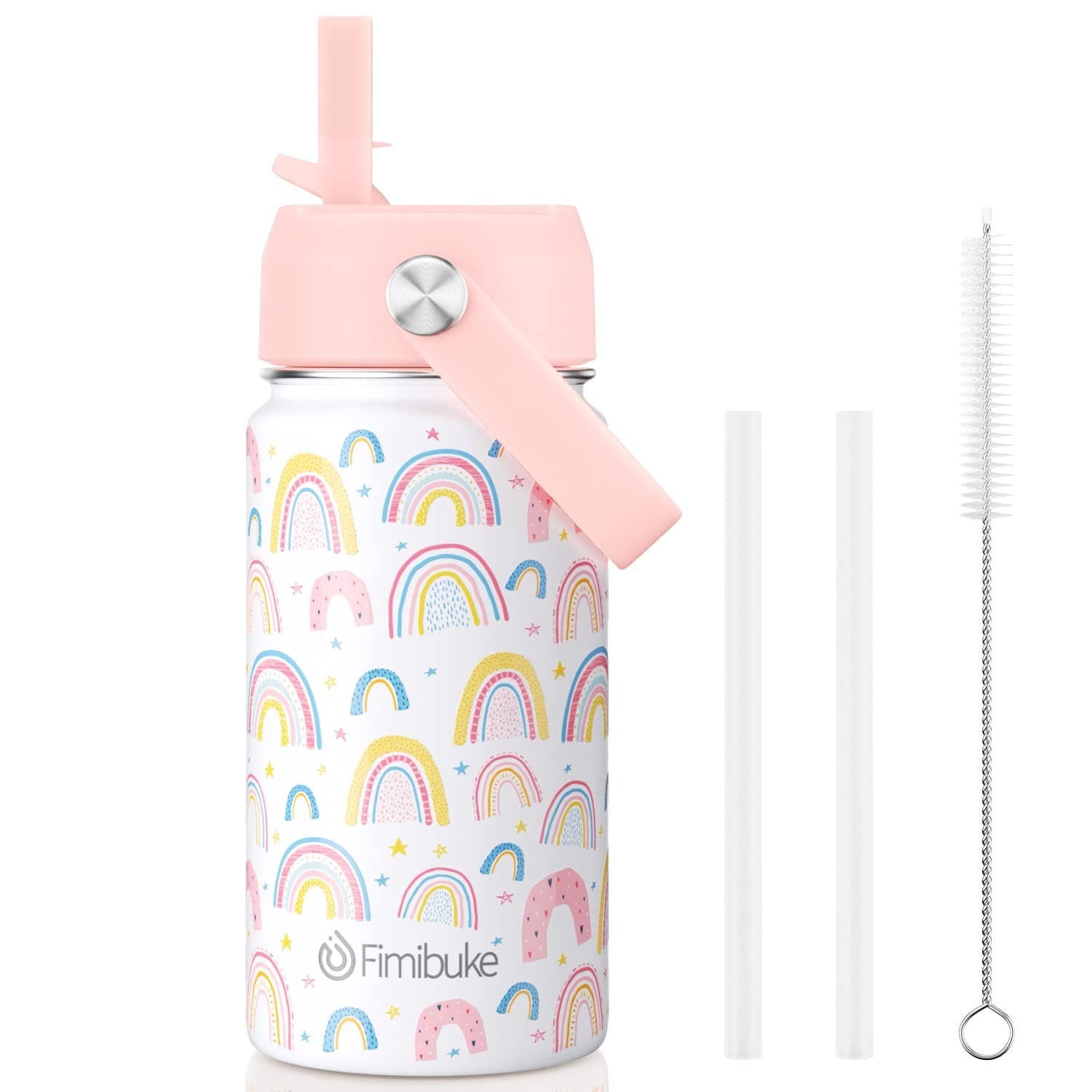 Fimibuke Kids Insulated Water Bottle, 14oz BPA FREE 18/8 Stainless Steel Travel Tumbler Double Wall Vacuum Leak Proof Kids Cup with Straw Metal Water Bottle for School Boys Girls(1 Pack, Rainbow)