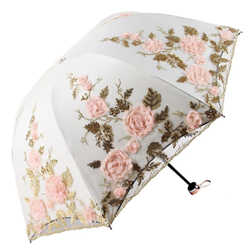 Vintage Lace UV Sun Parasol Folding 3D Flower Embroidery Umbrella