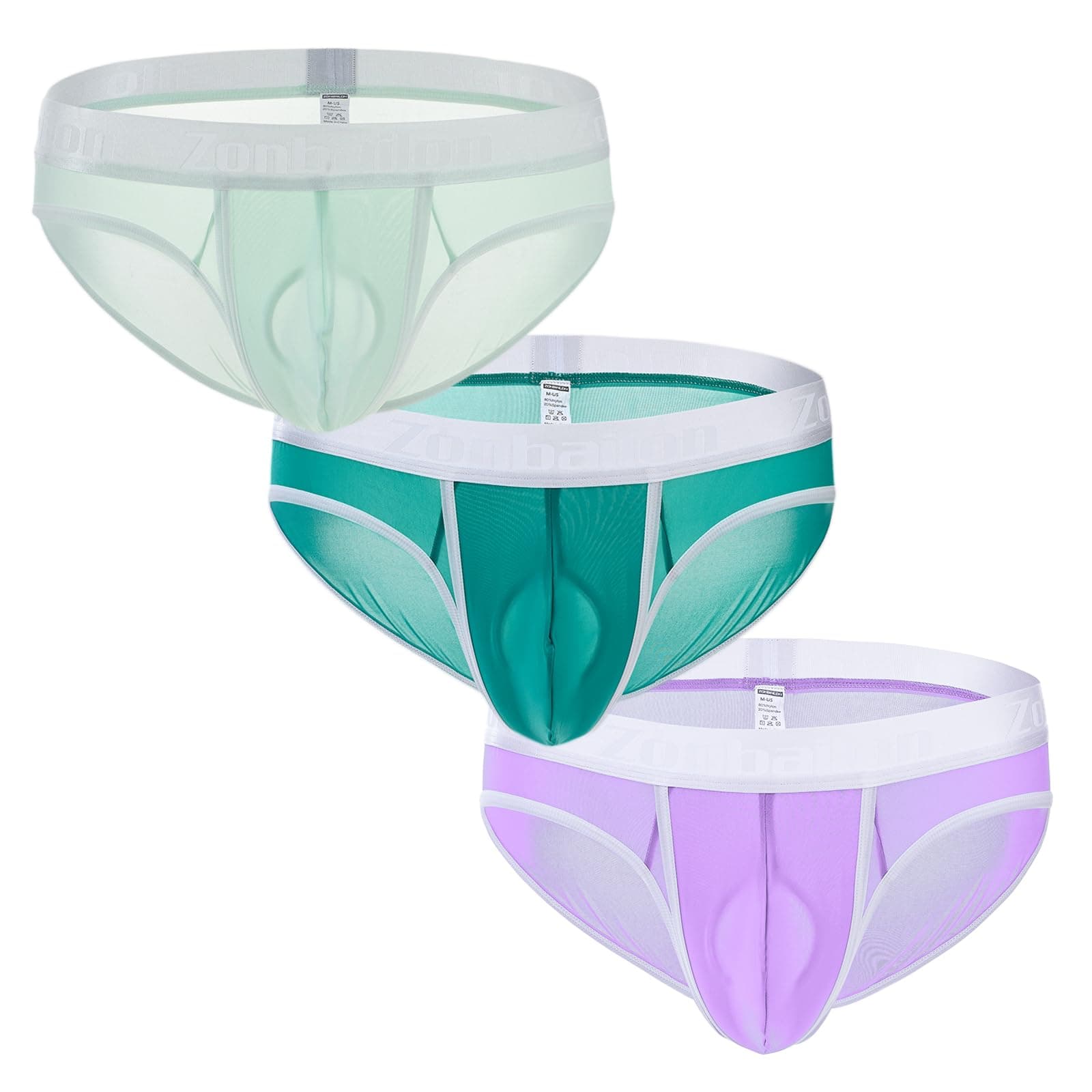 ZONBAILONMens Double Pocket Ultra Thin Sweat Absorbent Transparent Ice Silk Briefs [Double Pocket] Teal/Purple/Light Green, Large