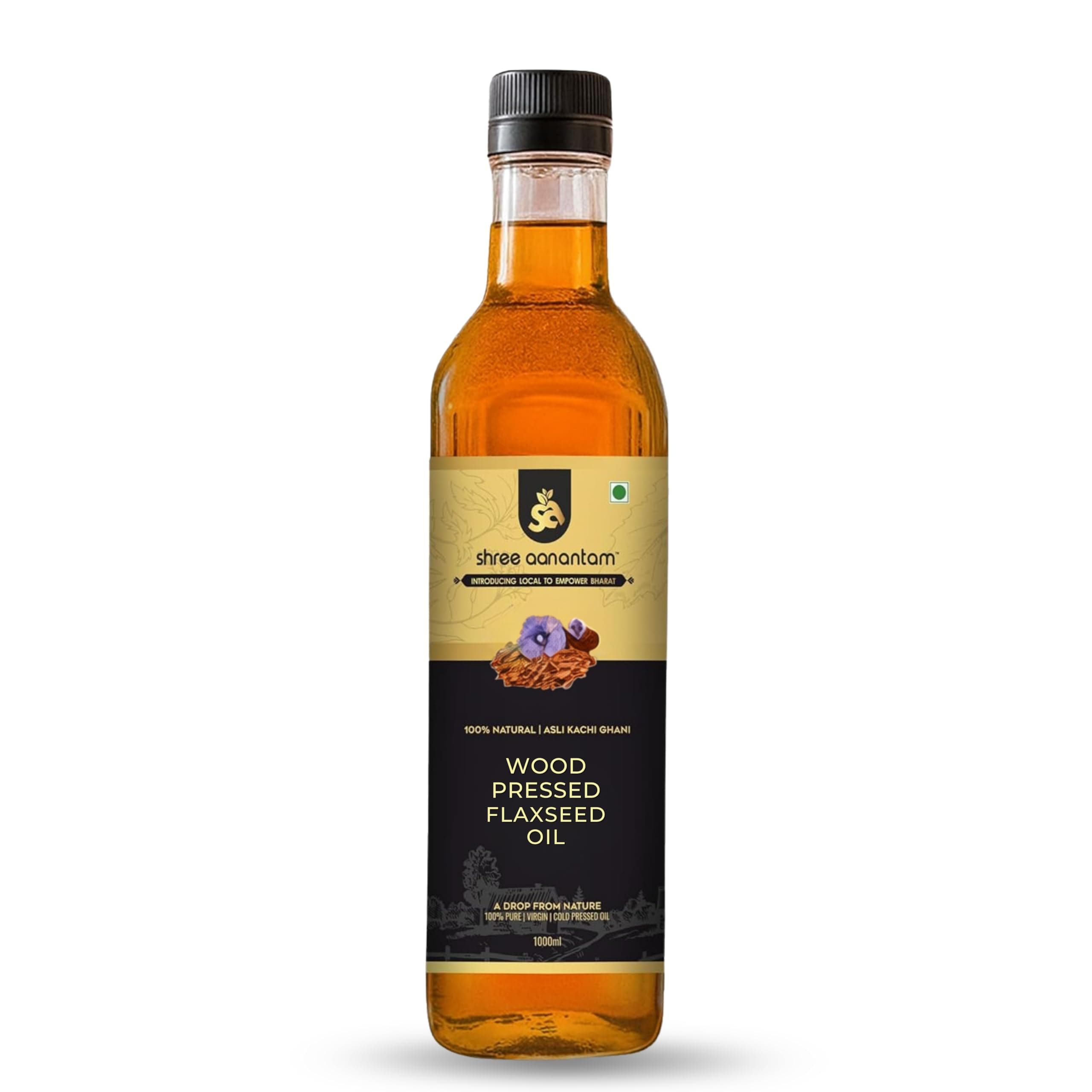 Shree Aanantam Wood Pressed Flax seed Oil - 1 Litre |Kolhu/Kacchi Ghani/Chekku | Natural | Chemical-Free | Cold Pressed Flaxseed Oil for Cooking | Alsi Ka Tel | High in Omega - 1l (Pack of 1)