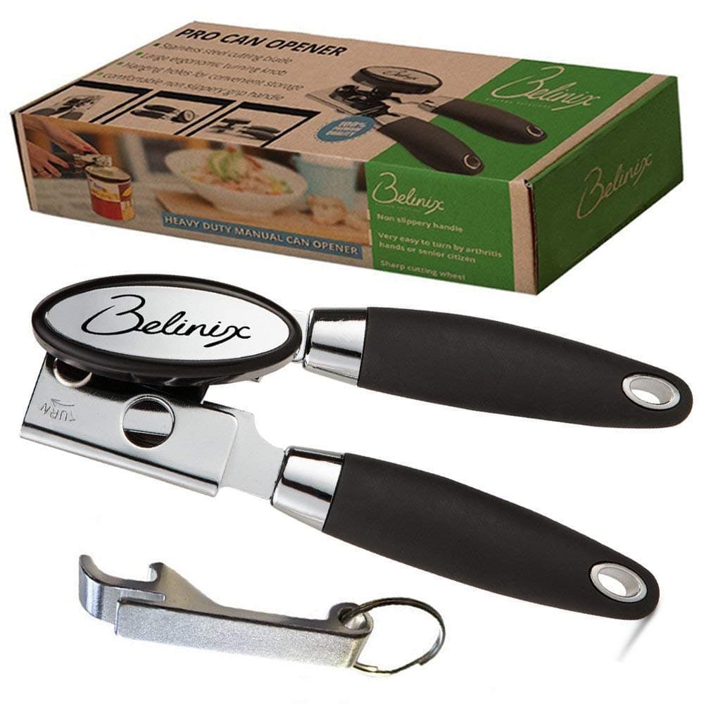 Can Opener - Manual Easy Turn - Sharp Blade for Smooth Edge Opening - Safety Magnetic Lid Lifter - Comfortable Soft Grip Silicone Handles for Seniors and Arthritic Hands -Black- Bonus Bottle Opener