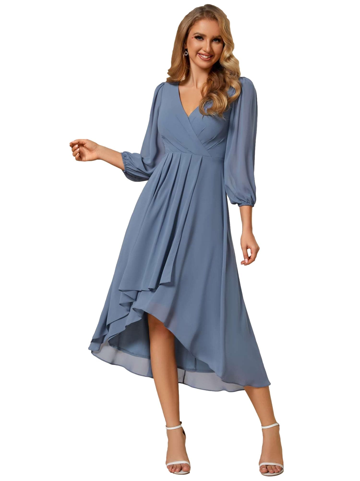 Ever-PrettyWomen's Chiffon V Neck Long Sleeves Pleated A-Line Midi Length Wedding Guest Dress 01926