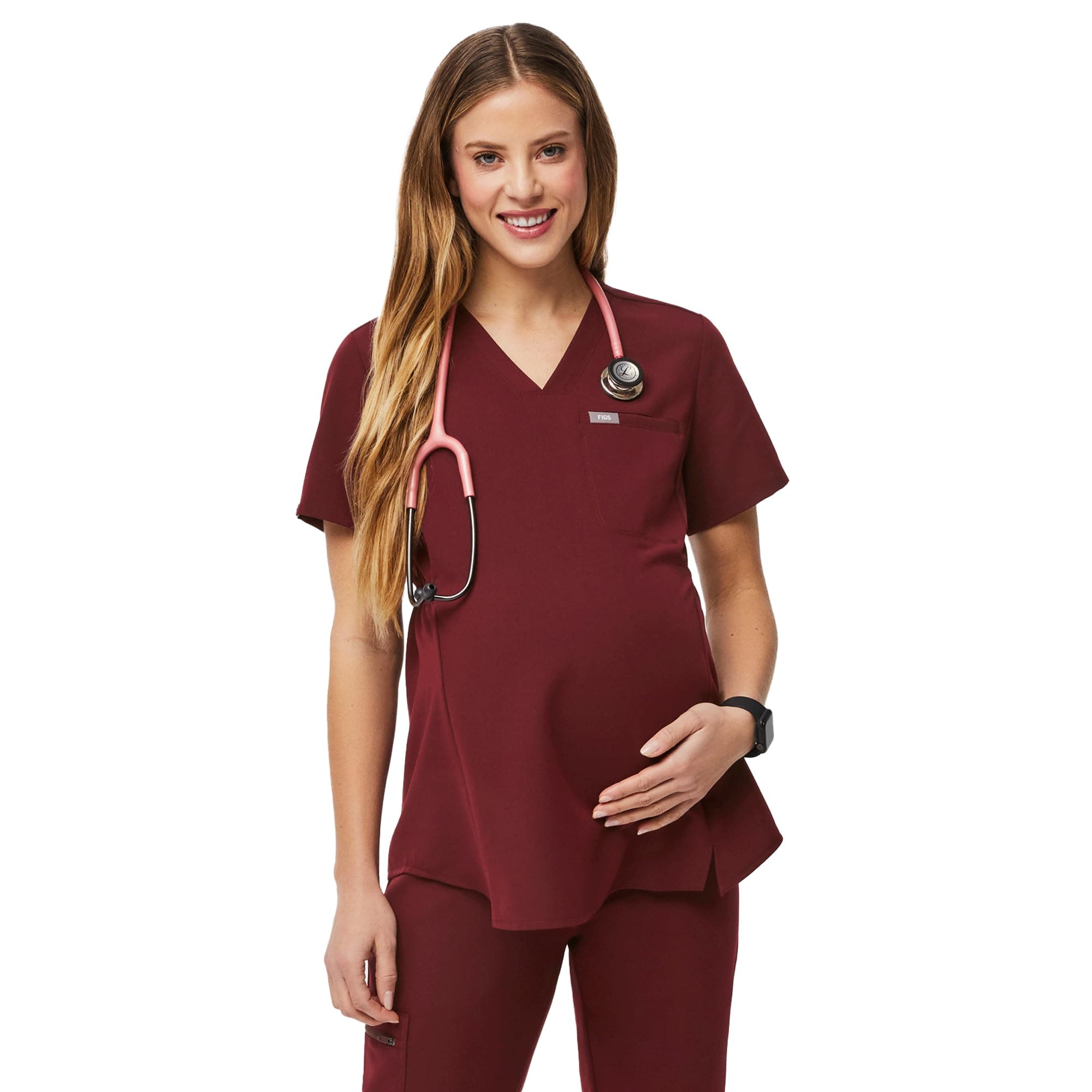 FIGS Octavia Maternity Scrub Top for Women — V-Neck, One Pocket, Curved High-Low Hem, 4-Way Stretch