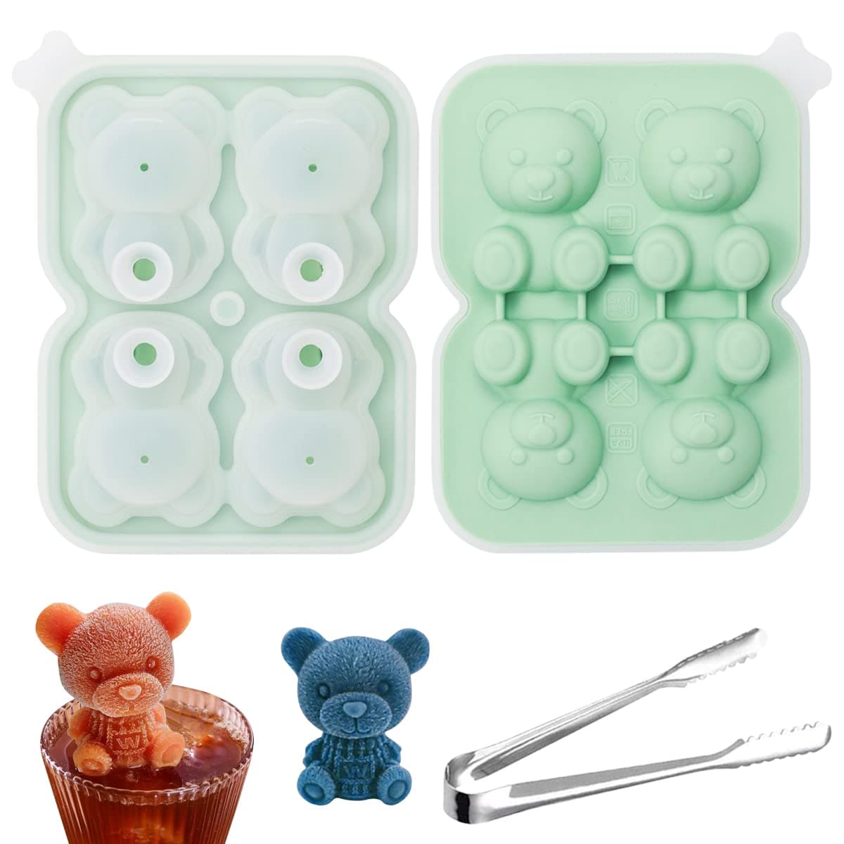 BomnKa Bear Ice Cube Tray, 4 Cavities Silicone Bear Ice Cube Molds with Lid Cute 3D Bear Shape Ice Cube Tray with Ice Tong for DIY Water Drink Ice Coffee Juice Cocktail