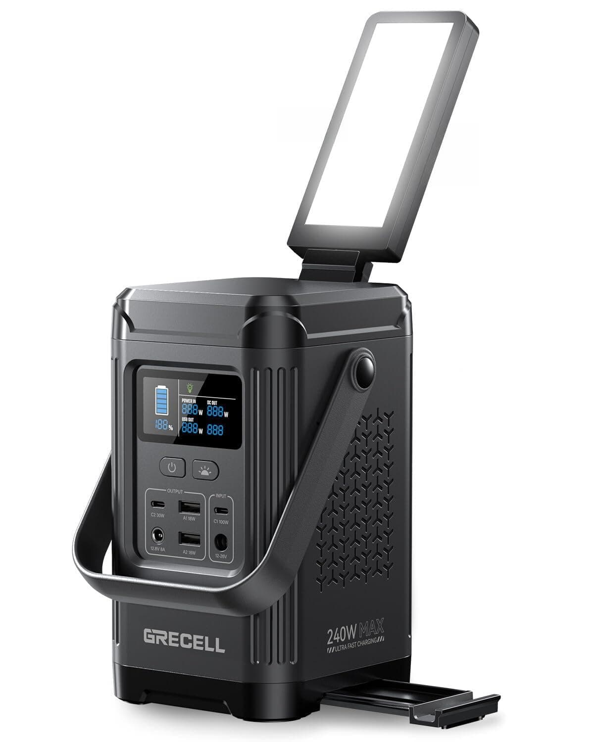 GRECELL LiFePO4 Portable Power Station 240W (153.6WH), 100W PD Dual Battery, Portable Power Bank with Built-in Stand for Outdoor, Camping, Travel(No Wall Charger