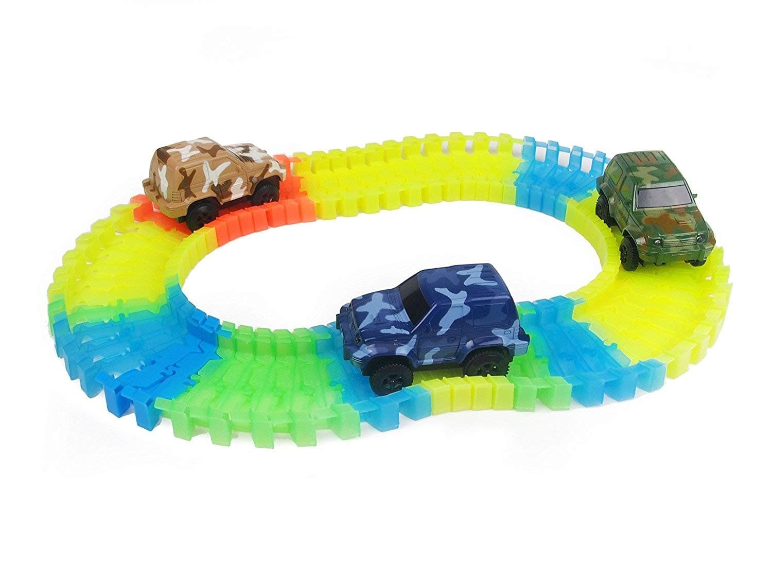 SeecurIT Replacement Toy Cars Blue, Brown and Dark Green Jeeps (3-Pack) with 3 LED Lights Compatible with Most Tracks Including Magic Tracks for Boys and Girls