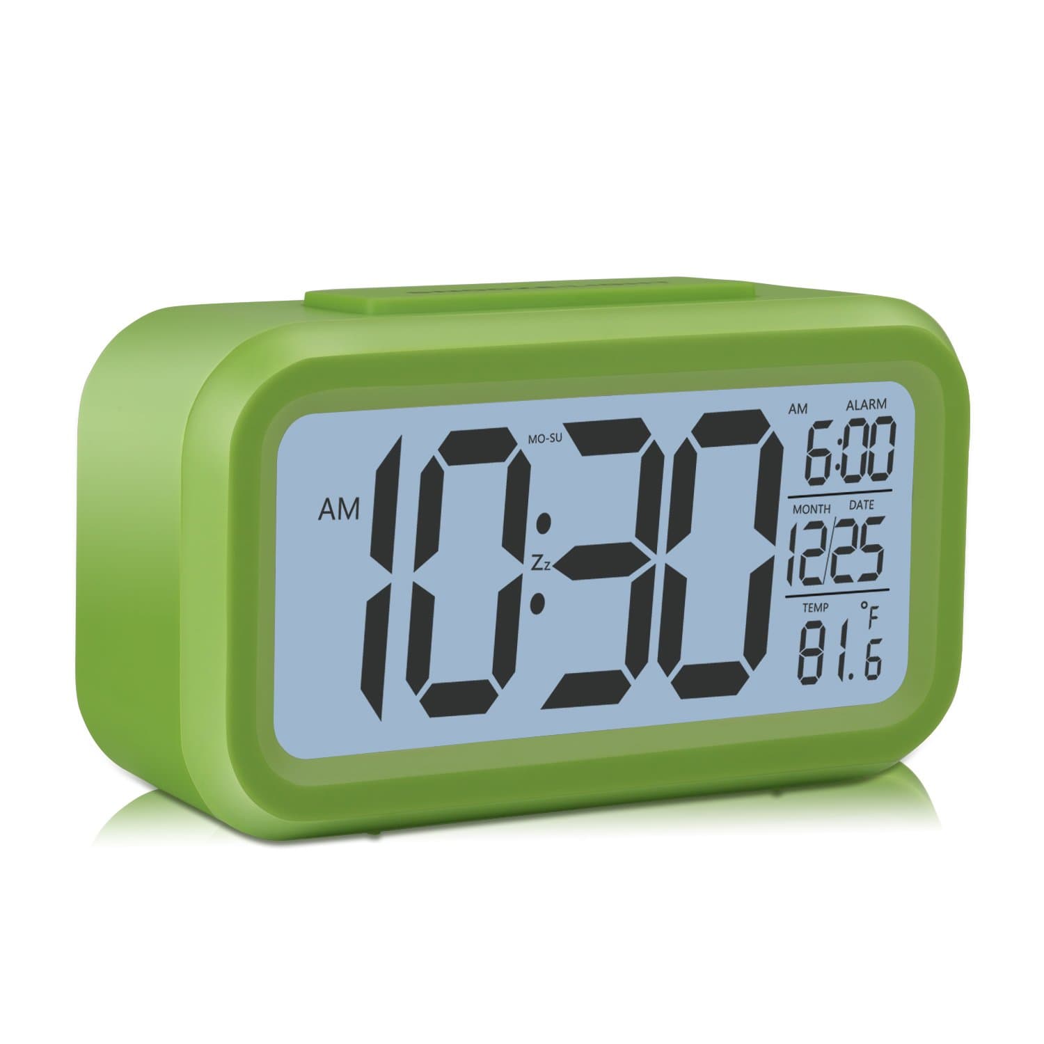 Light Up Alarm Clock for Kids - Electronic Travel Bedroom Clock W/ LCD Display in Big Numbers Smart Backlight, Low Light Sensor, Snooze, Temperature Functions (Natural Green)
