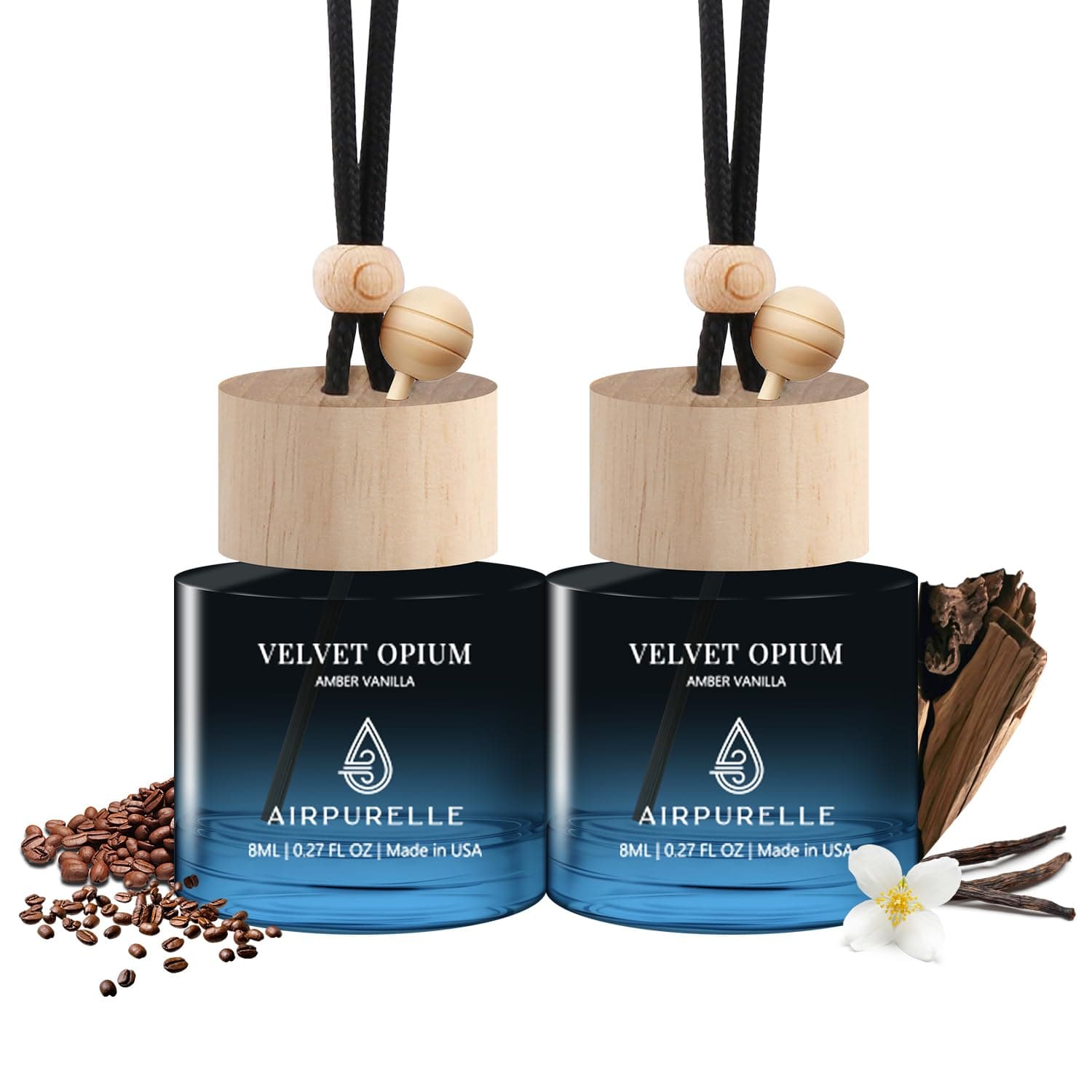 Car Air Freshener Hanging 2 Pack Car Fresheners Diffuser - Amber Vanilla Car Scents Essential Oil Air Diffuser, 45+ days Long Lasting Fragrance Air Fresheners, Two 0.27 FL OZ/8ML Made in USA