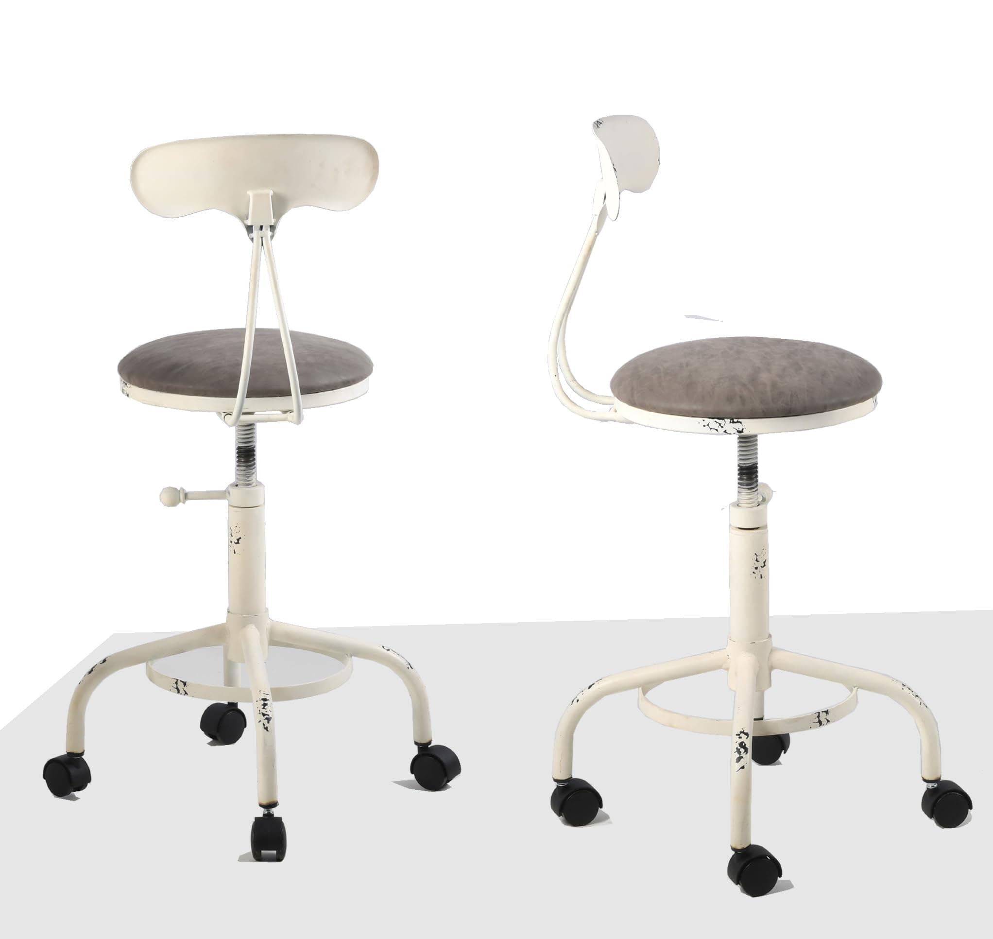Topower Home Kitchen Stool, Industrial Counter Stool with Wheels, Height Adjustable Swivel Bar Stools Indoor House Design with Iron Backrest Antique White Set of 2