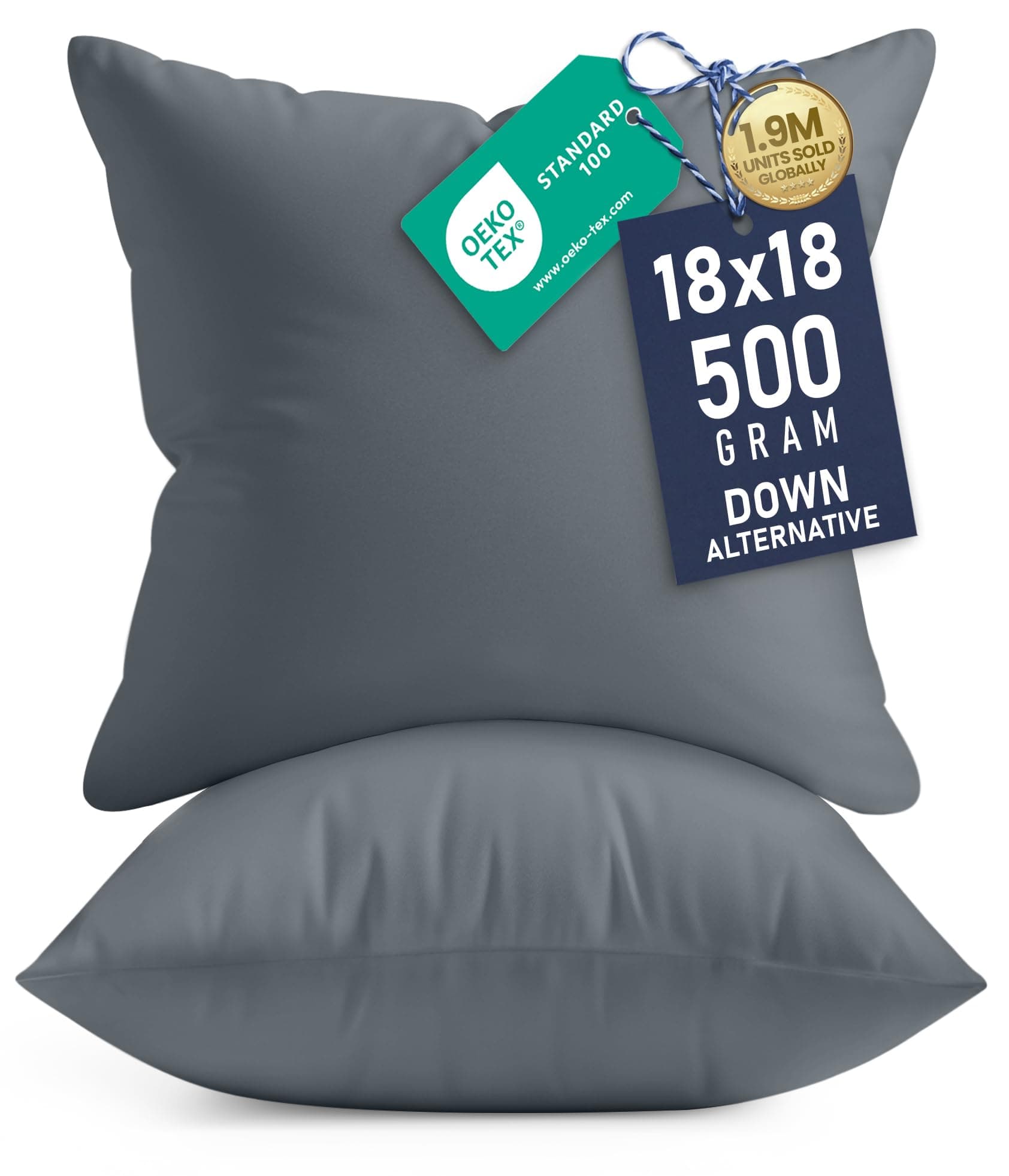 Utopia Bedding Throw Pillows Insert (Pack of 2, Grey) - 18 x 18 Inches Bed and Couch Pillows - Indoor Decorative Pillows