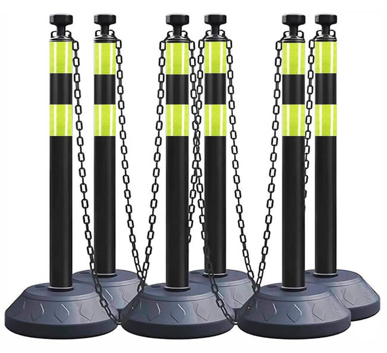- 6 Pack 40 Inch Traffic Delineator Posts with Fillable Base and 6.6FT Plastic Chain, Safety Delineator Post Cones with 2 Green Reflective Stripes for Construction Work (Black)