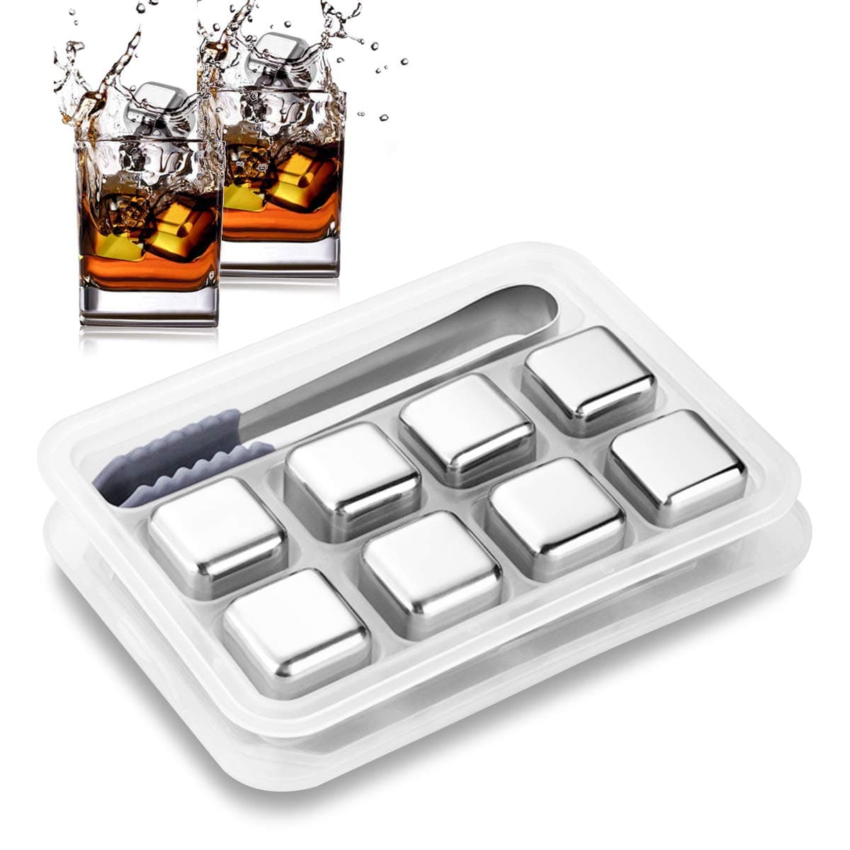 Reusable Stainless Steel Ice Cubes, Metal Whiskey Stones, Chilling Stones with Tongs & Tray for Wine Beer, Gift Men Father (8 Pack)