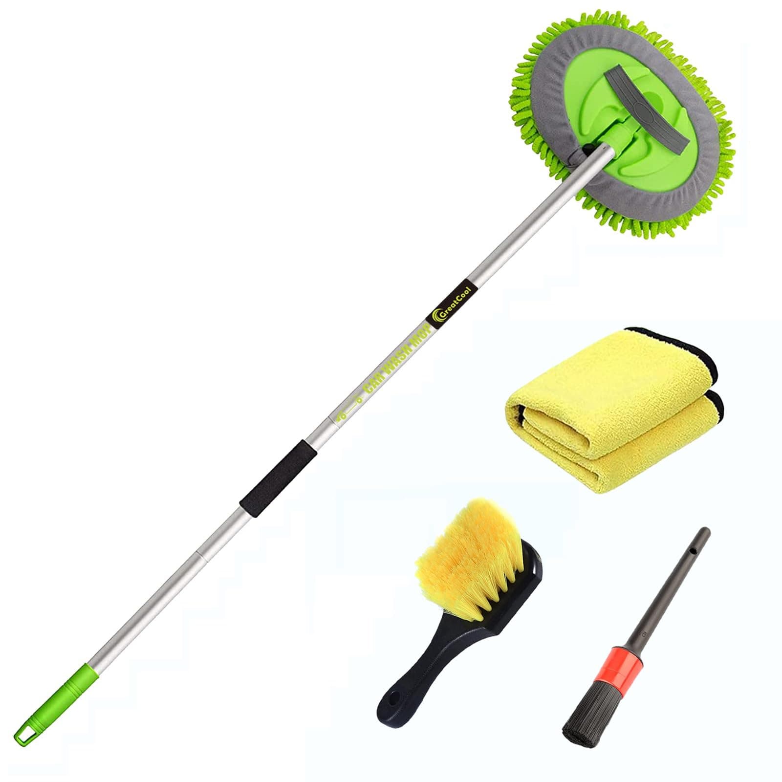 Car Wash Brush Kit With Super Long Handle, 2 in 1 Chenille Microfiber Car Wash Mop Cleaning Mitt Suitable for Washing Cars Truck SUV RV Caravans and Household, Scratch Free (Green kit)