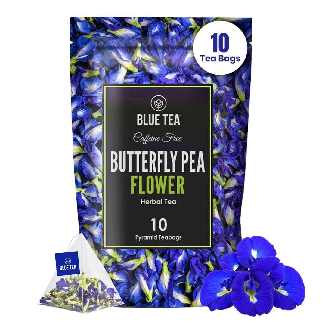 BLUE TEA - Butterfly Pea Flower Tea - 10 Count - Pyramid Plant Based Tea Bag | ANTIOXIDANT RICH | Flower Based - Detox Tea - Herbal Tea - Caffeine Free - Non-Bitter | Zipper Pack