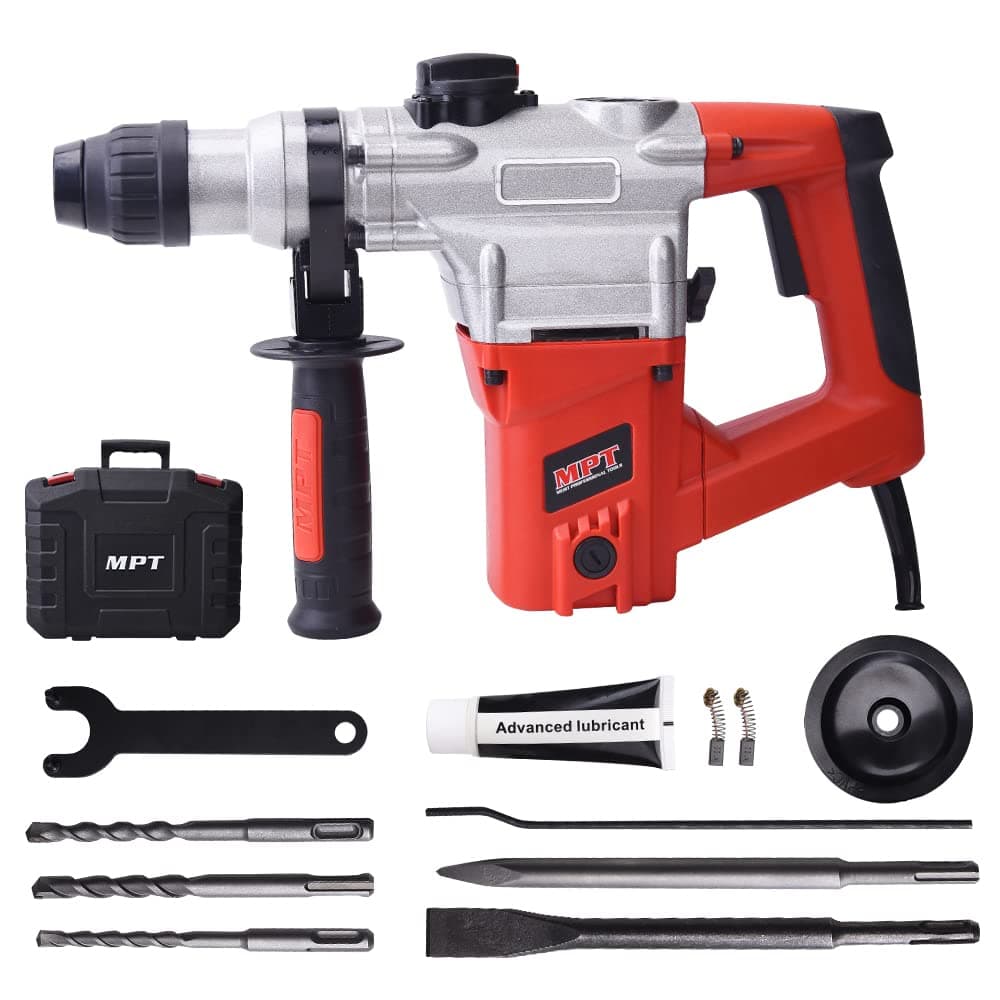 MPT 1 Inch SDS-Plus 1050W Heavy Duty Rotary Hammer Drill,3 Function and Adjustable Soft Grip Handle,Include 3 Drill Bits,Point and Flat Chisel with Case Silver