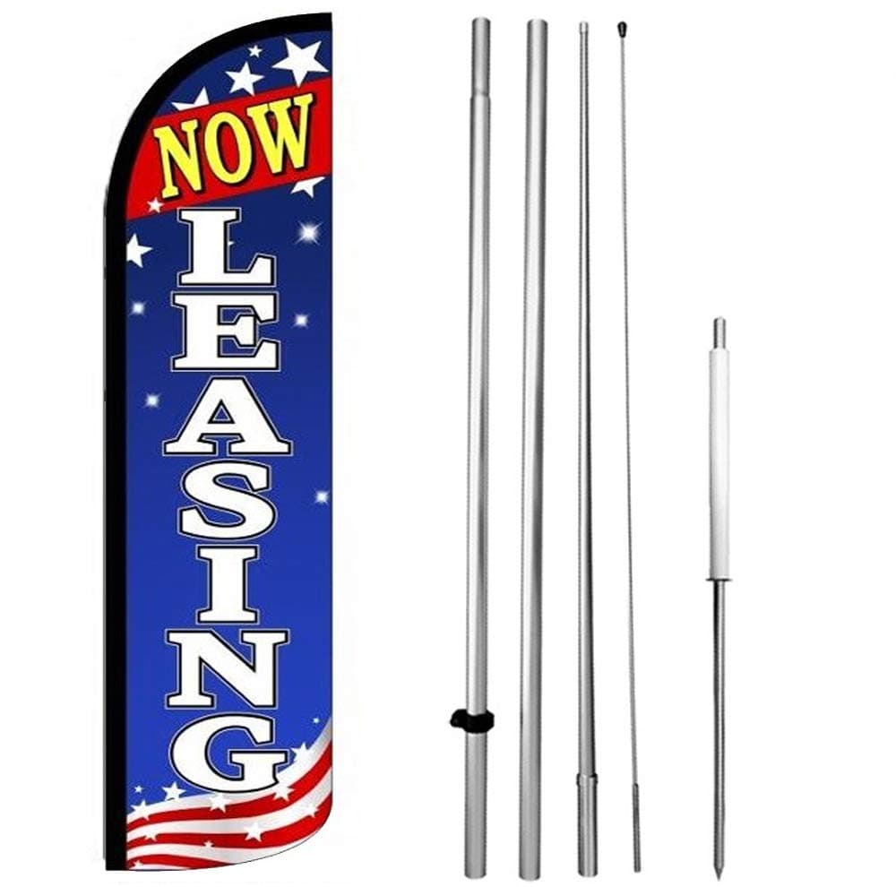 Now Leasing Windless Feather Swooper Flag 15 ft Tall Large Pole Spike Kit Banner Sign - Patriotic bz-h L