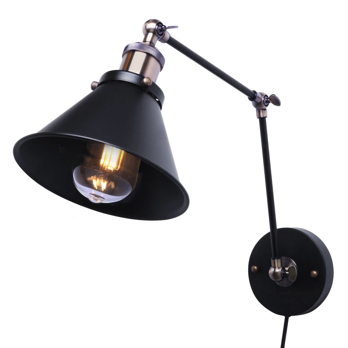 Metal Wall Sconces Lamp, Tausende Rustic Indoor Wall Sconces Light Décor Fixtures with Plug in Cord On/Off Switch for Bedside Reading Light Wall Mount Swing Arm Wall Lamp Black