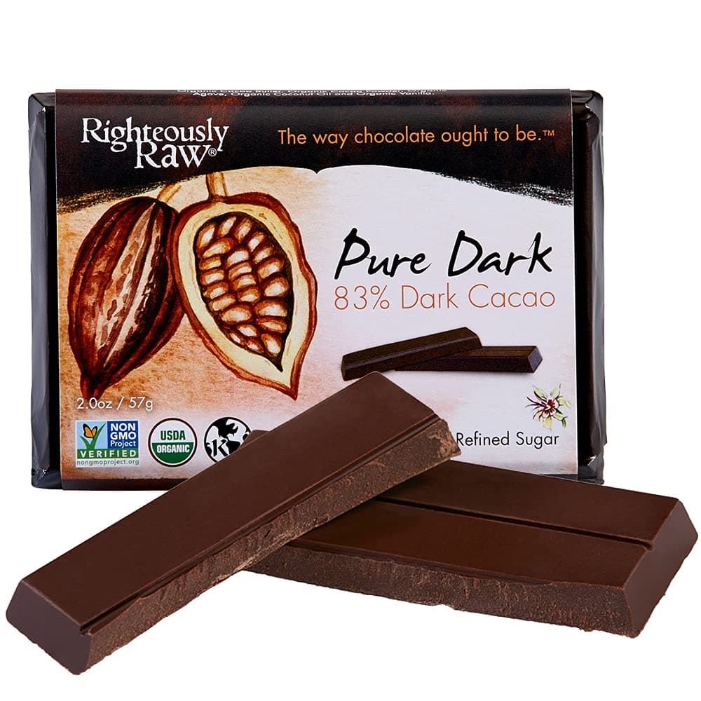 83% Pure Dark Chocolate - Righteously Raw Chocolate Bars! Made with Pure Organic Dark Chocolate! Vegan, Kosher, Gluten-Free, Non-GMO, Dairy, Soy Free & No Refined Sugars with (6 bars included!)
