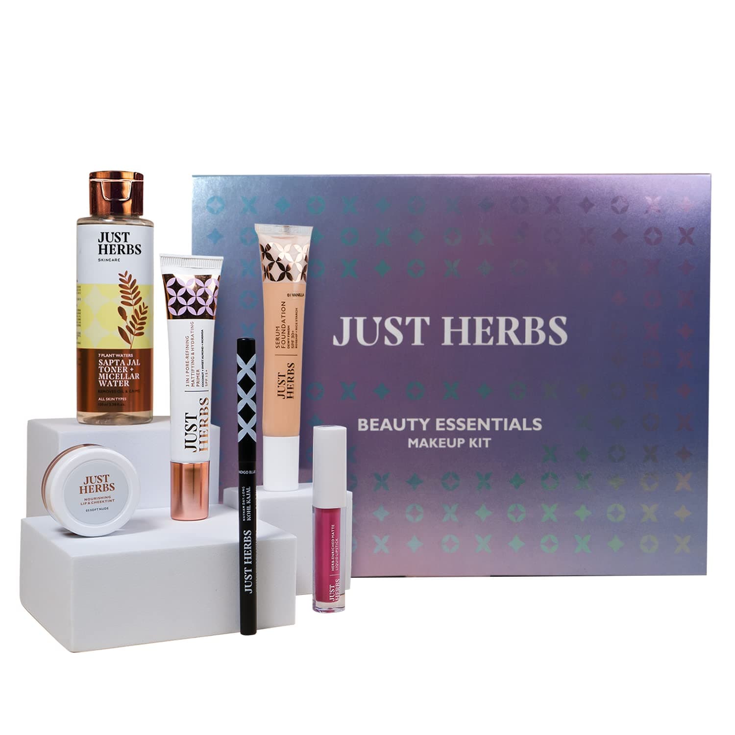 Just Herbs Makeup Kit for Women with Kohl Kajal, 3 in 1 Primer, Liquid Lipstick, Serum Foundation SPF 30+, Saptajal Makeup Removal Toner and Lip & Cheeck Tint (Gift Set)