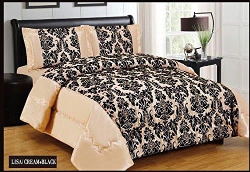 Neve Noelene New Kelly Damask Luxury Super Soft 3pc Flock Quilted Bedspread Comforter Bed - Cream Black (King (240cm X 260cm))