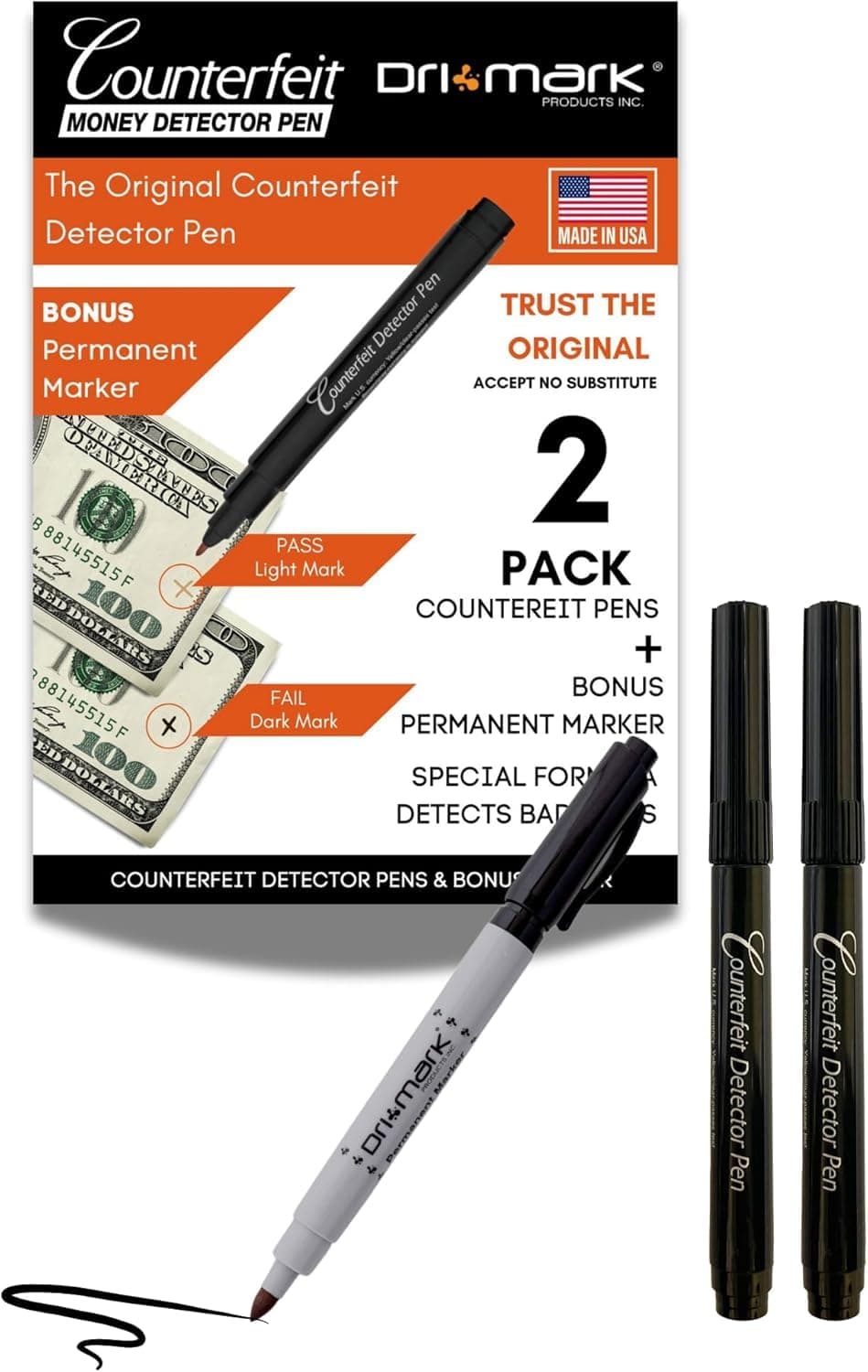 Dri Mark 3513B-1A 偽造紙幣検出器マーカーペン 油性マーカー付き 米国製 偽造マネーチェッカー - マネーロス防止テスター&米国通貨詐欺防止(2パック)