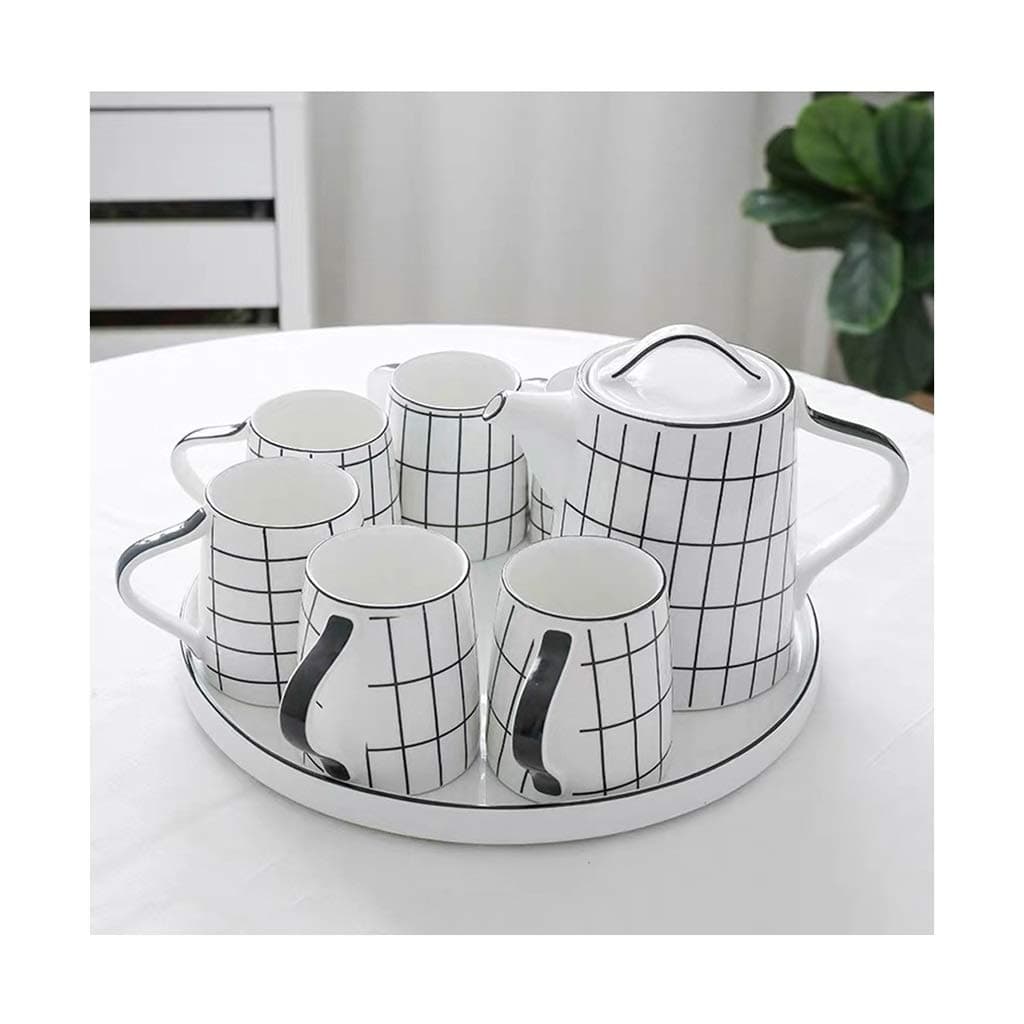 Ceramic Herbal Teapot Set Green Pattern with Infuser and 6 Cups Traditional Oriental Japanese Chinese Styling Teapots & Coffee Servers (Color : C, Size : 8pcs)