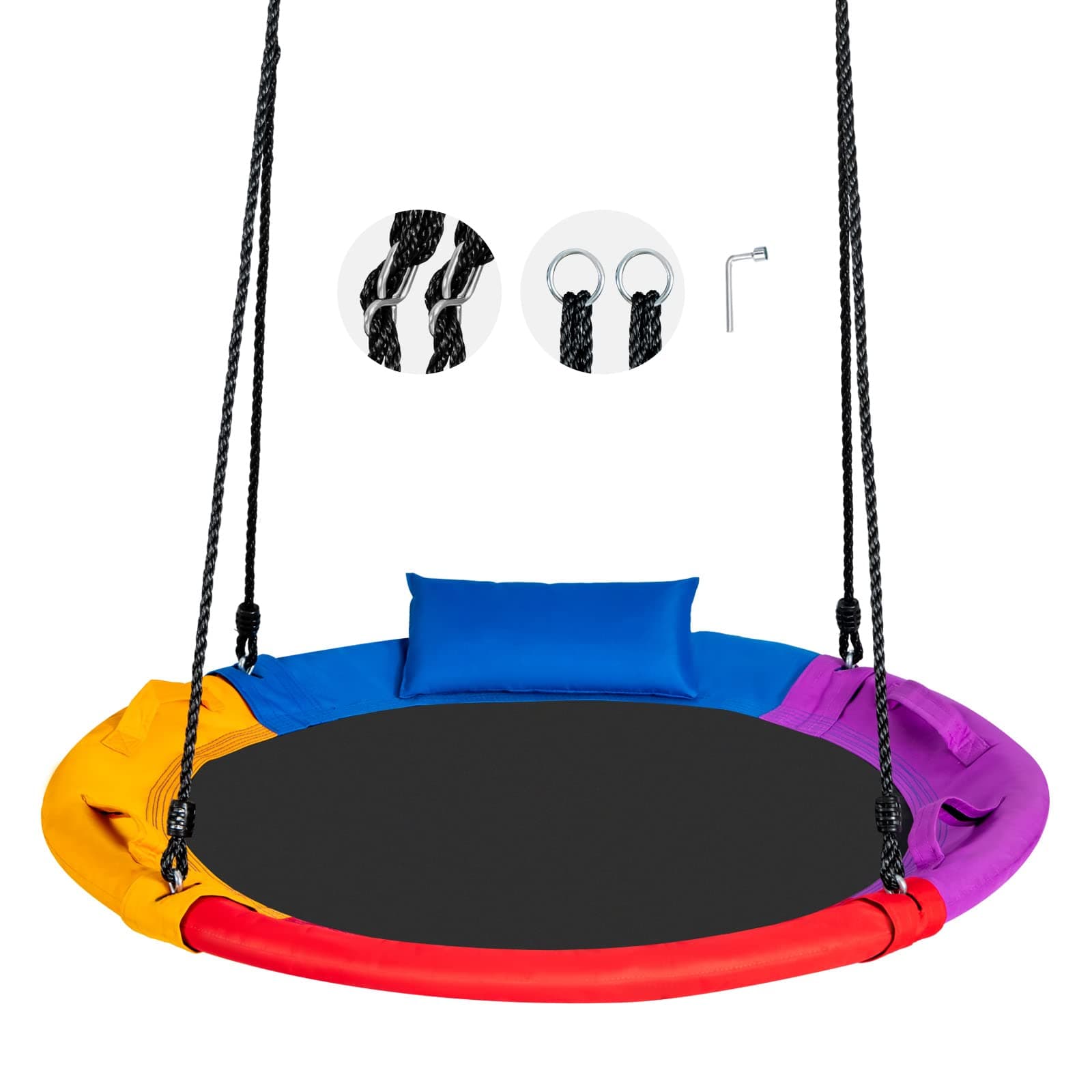 GYMAX Kids Nest Swing Seat,100cm Giant Round Tree Hanging Seat with Handle, Pillow and Adjustable Ropes, Children Saucer Swing for Backyard Garden Playground
