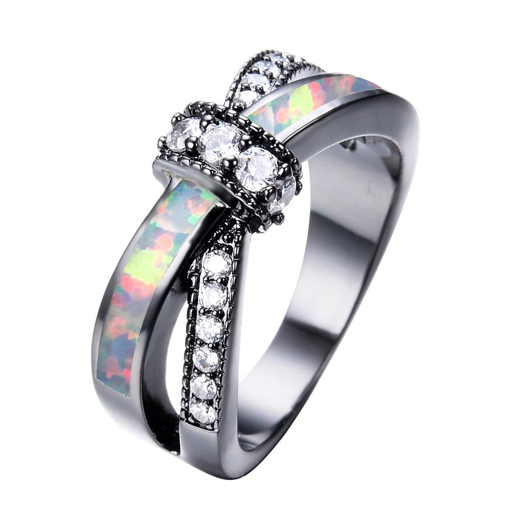 Adeser Jewelry Womens Lab White Opal Black Gold Plated Ring 10 KT Promise Wedding Womens Rings Size 8 (WT)