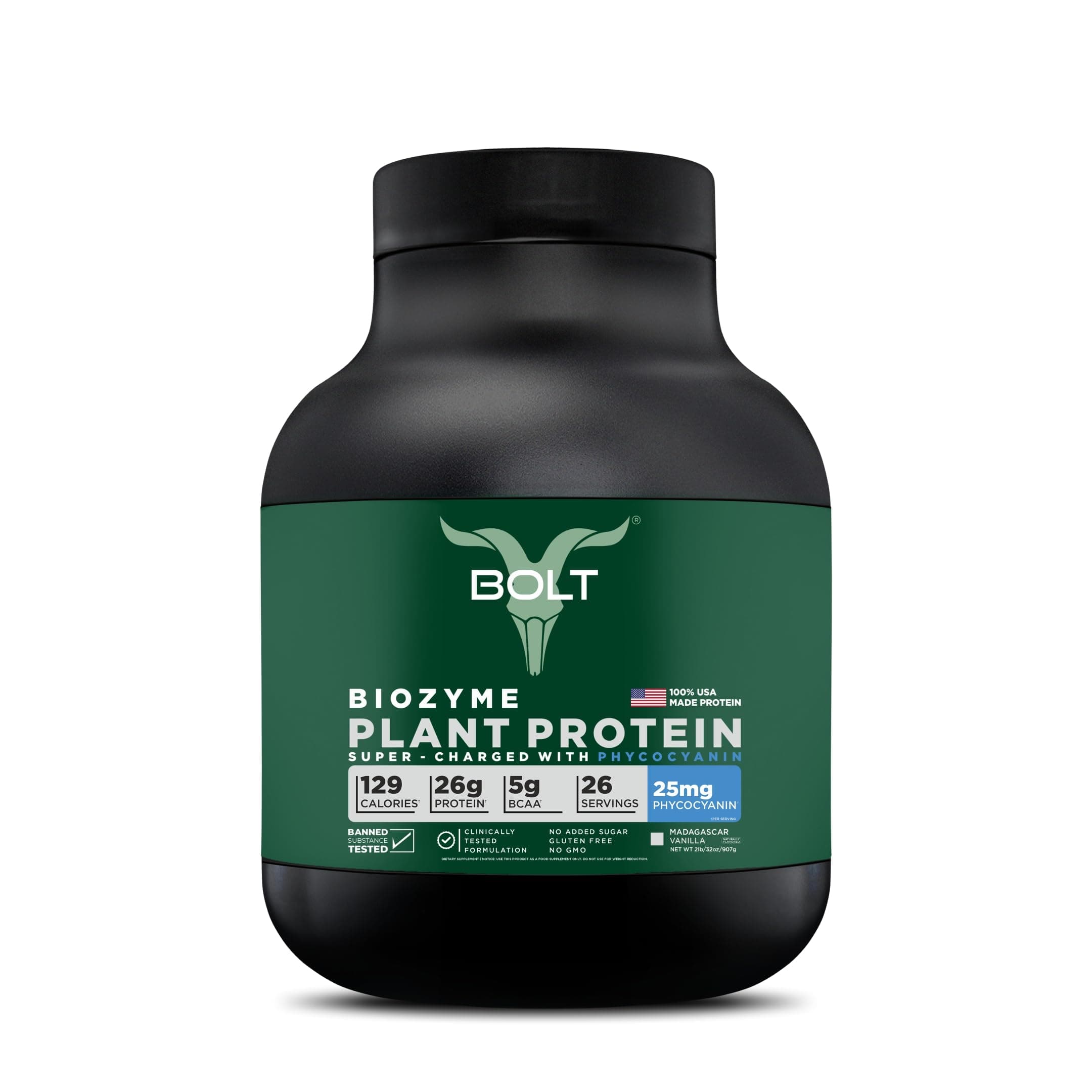 Biozyme Plant Protein | Vegan Protein with Superfood PHYCOCYANIN and Ayurvedic Herbs | Complete Amino Acid Profile for muscle Support and Recovery | 2Lb/32oz, 26 Servings | Madagascar Vanilla