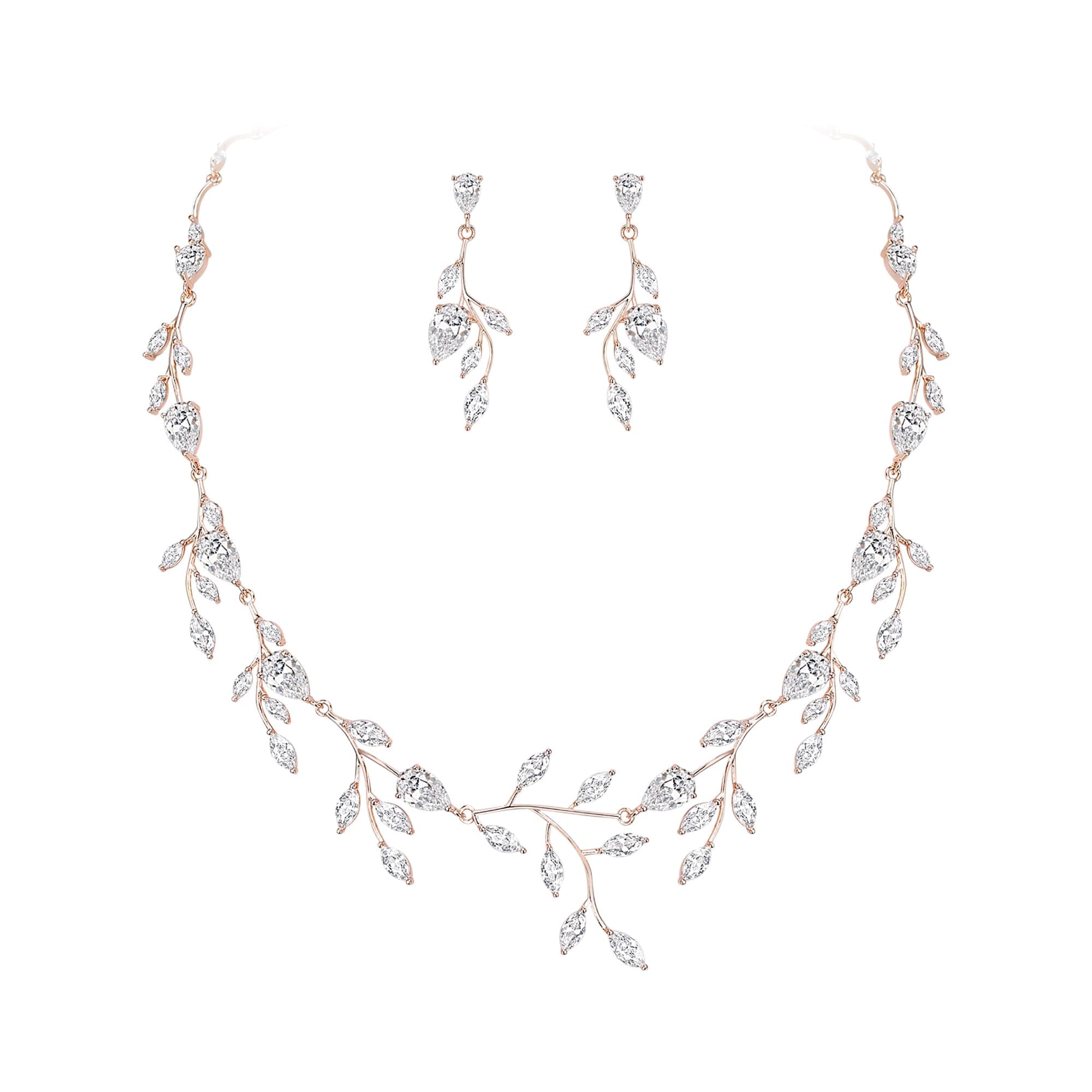 Wedding Jewelry for Bride Women Bridesmaid, Sparkly Cubic Zirconia Pear-Shaped Birthstone Leaf Necklace Earrings Set for Prom